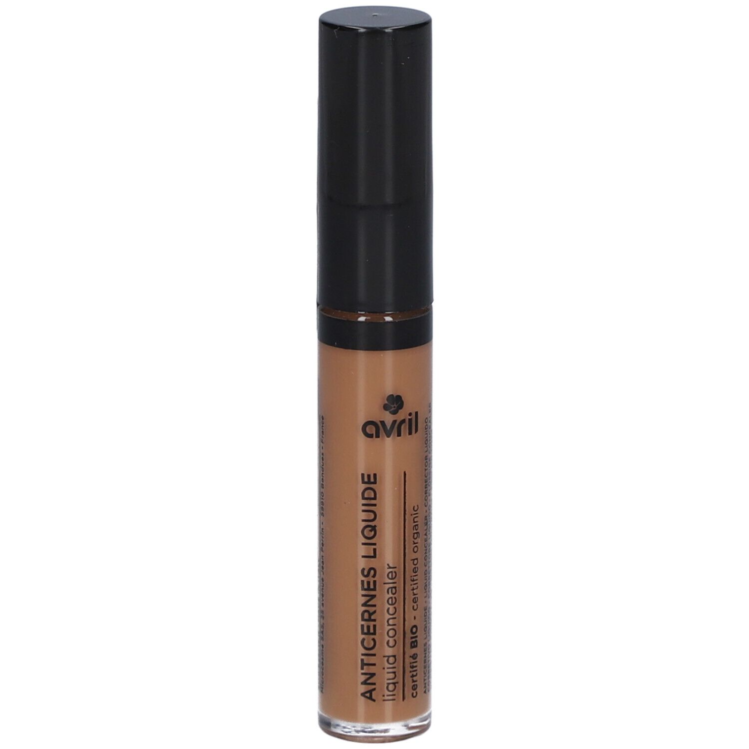 Correcteur liquide dans un flacon fin avec bouchon noir. Inscription: ANTICERNES LIQUIDE, certifié biologique.