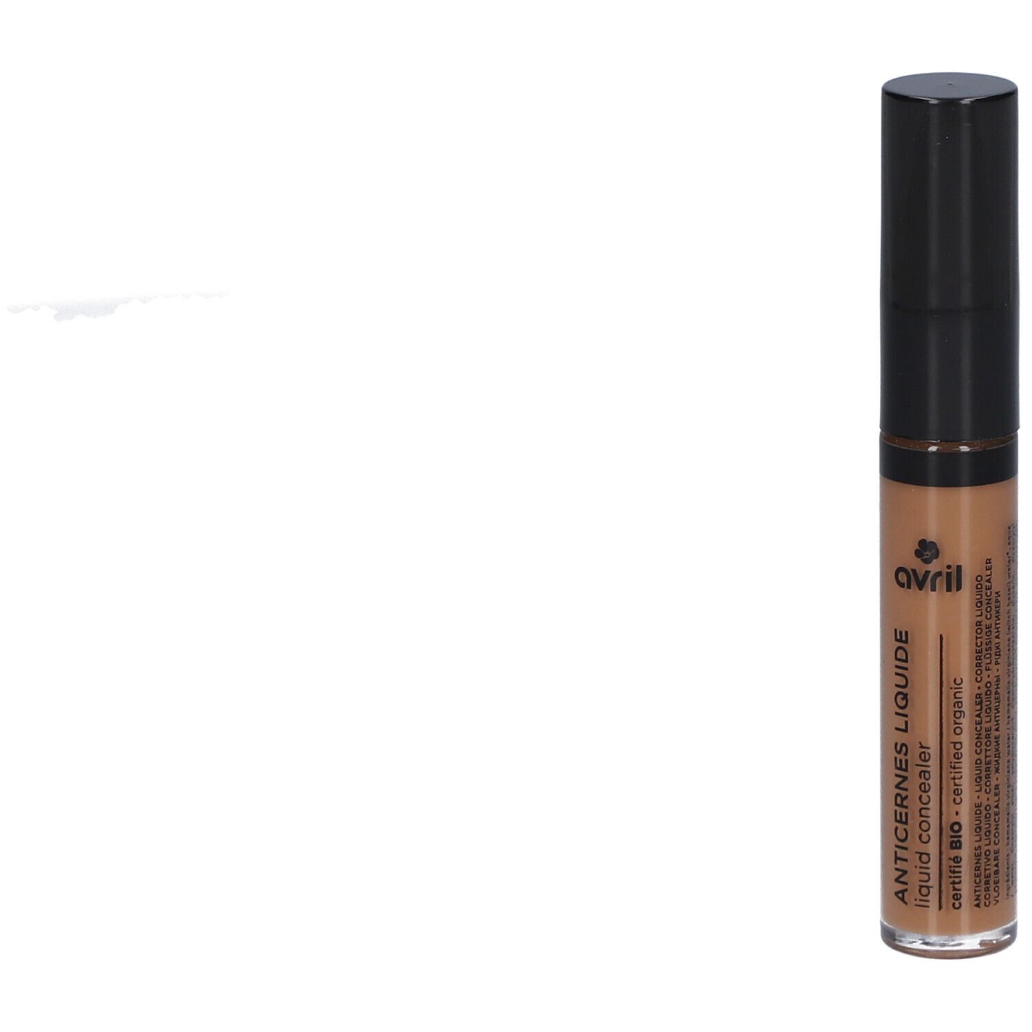 Correcteur liquide dans un flacon fin avec bouchon noir. Inscription: ANTICERNES LIQUIDE, certifié biologique.