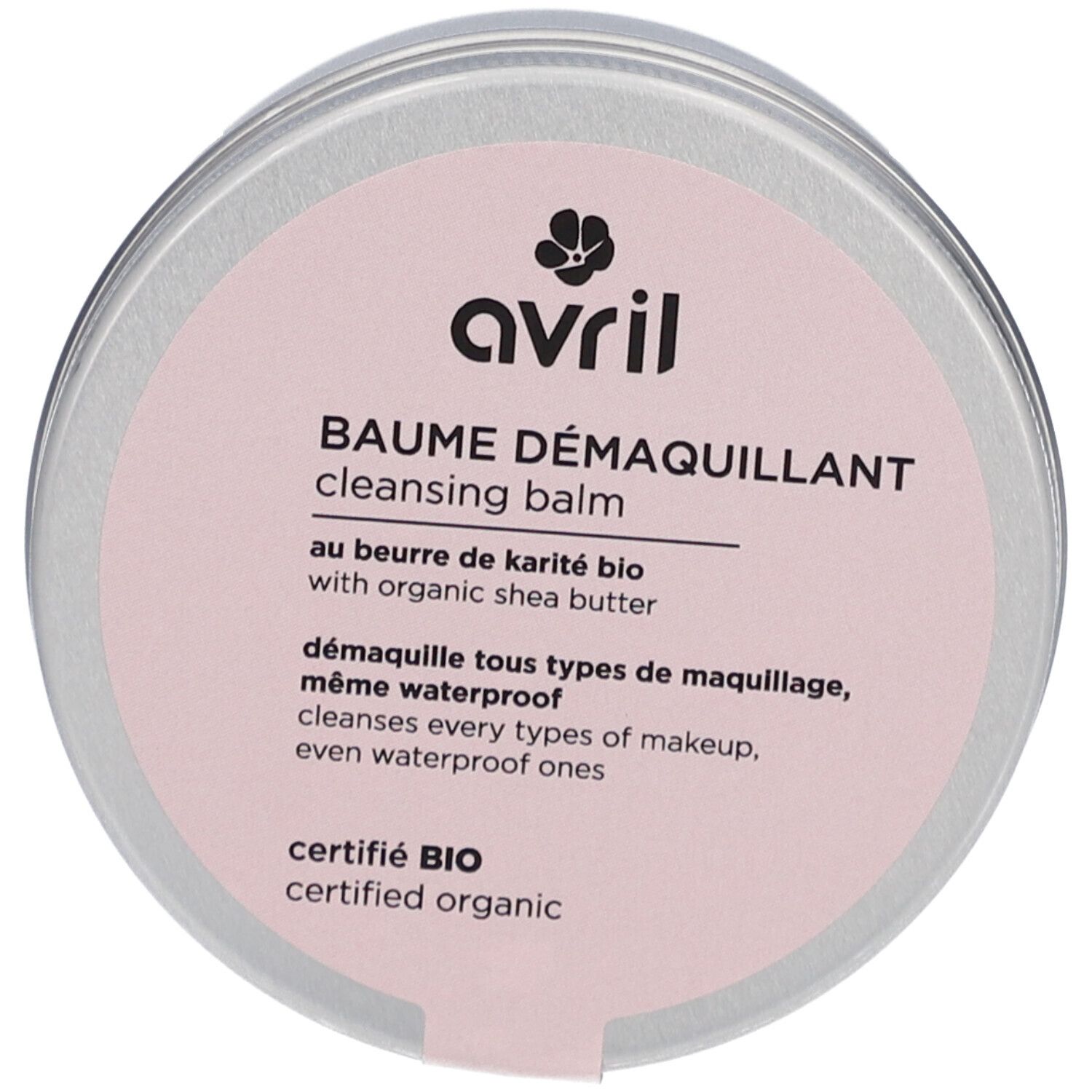 Ronde pot met roze etiket. Opschrift: avril, BAUME DÉMAQUILLANT, cleansing balm. Gecertificeerd BIO.