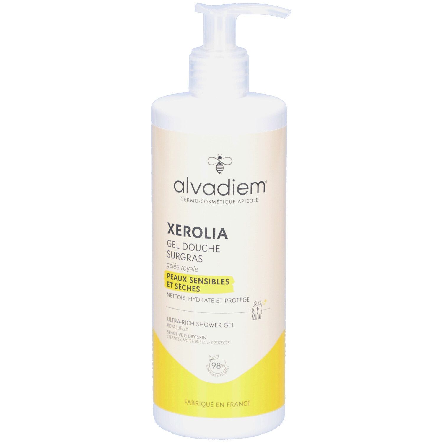 Witte fles met pomp. Opschrift: ALVADIEM Xerolia Gel Douche Surgras. Voor gevoelige en droge huid.