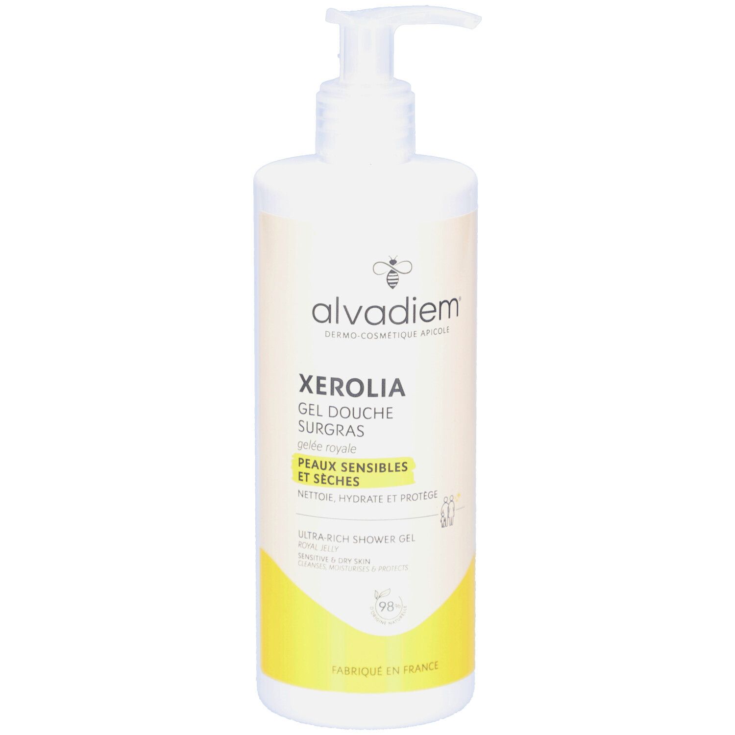 Witte fles met pomp. Opschrift: ALVADIEM Xerolia Gel Douche Surgras. Voor gevoelige en droge huid.