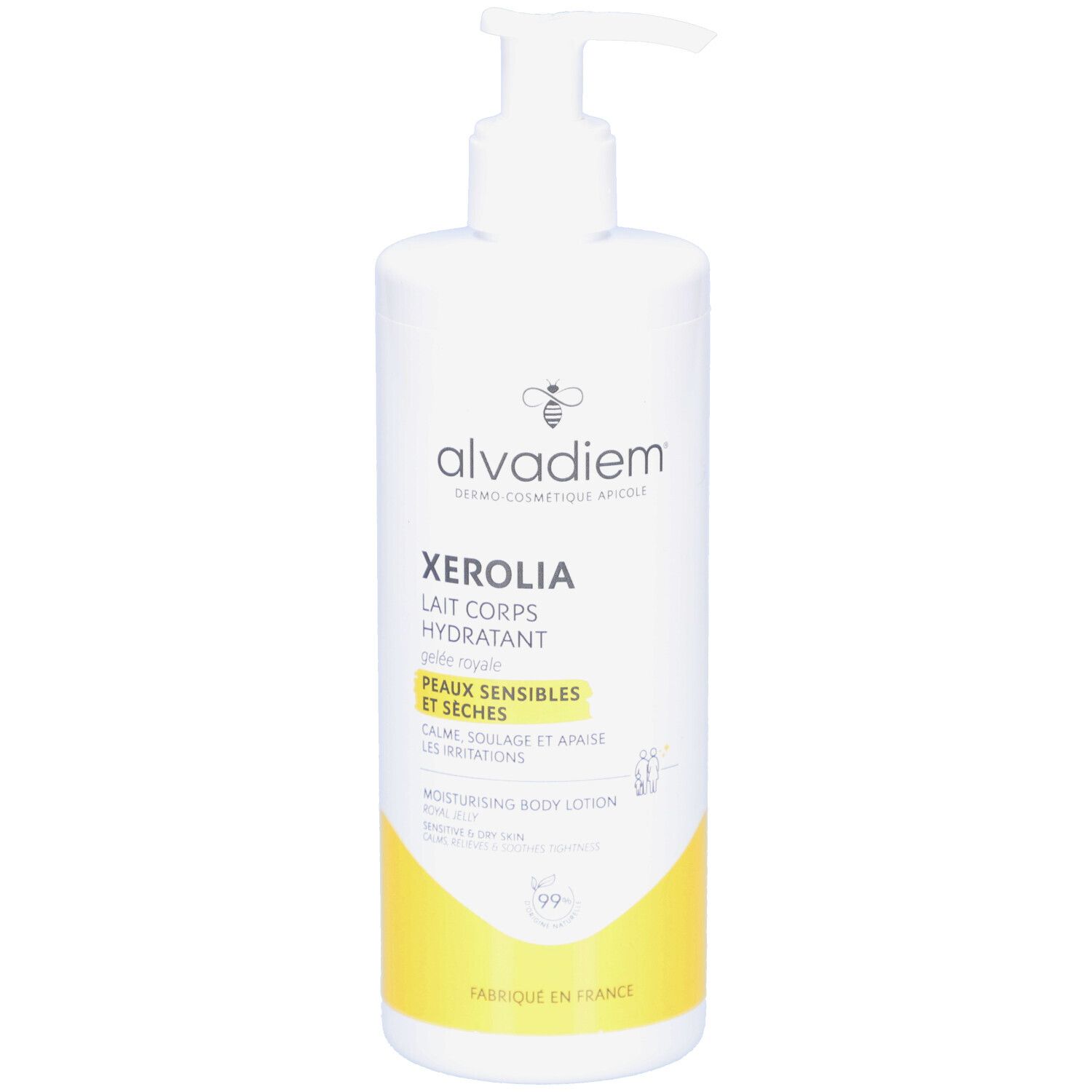 Witte fles met pomp. Opschrift: ALVADIEM Xerolia Lait Corps Hydratant. Voor gevoelige en droge huid. Gele accenten.