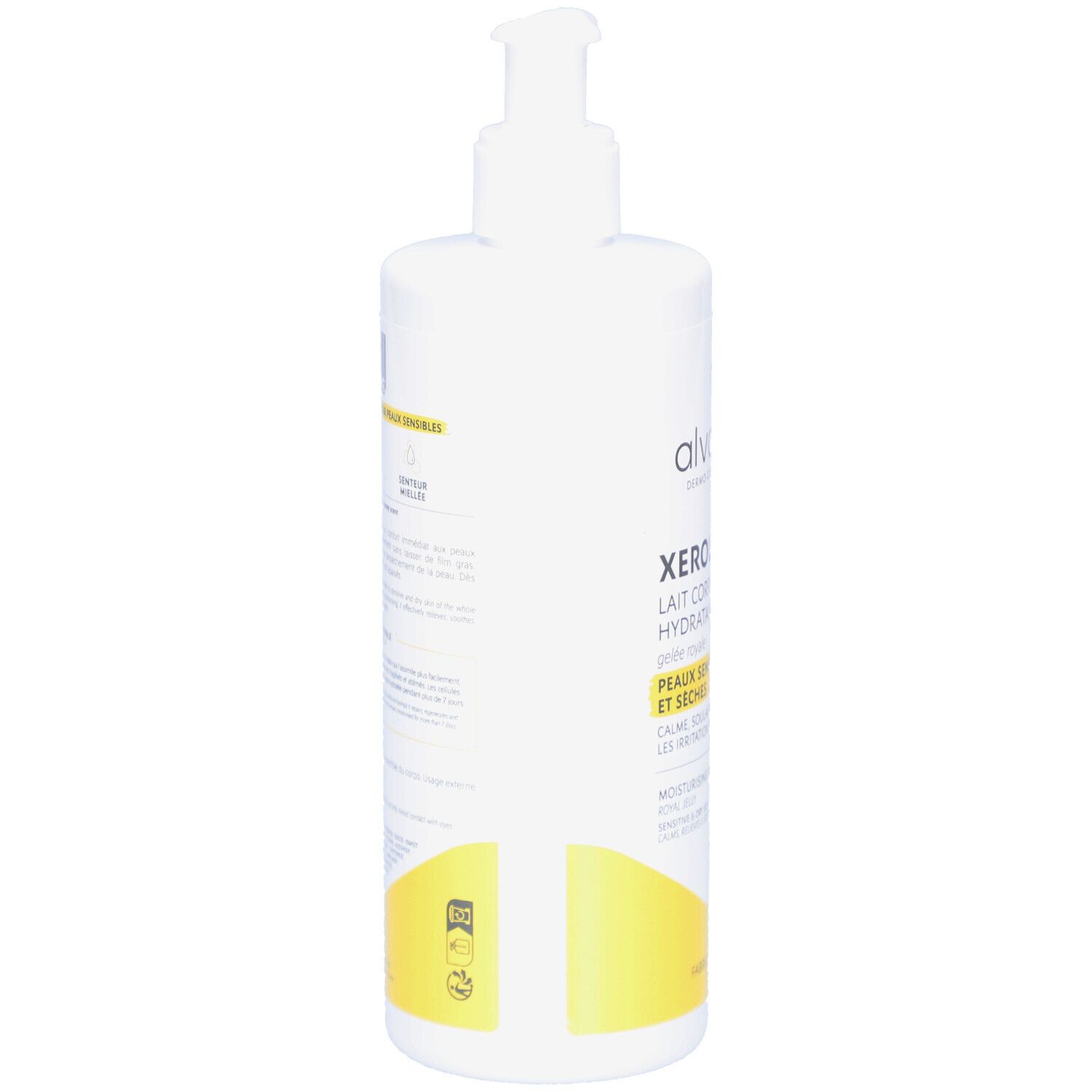 Achterkant van de witte fles met pomp. Tekst en gele accenten. Productinformatie.