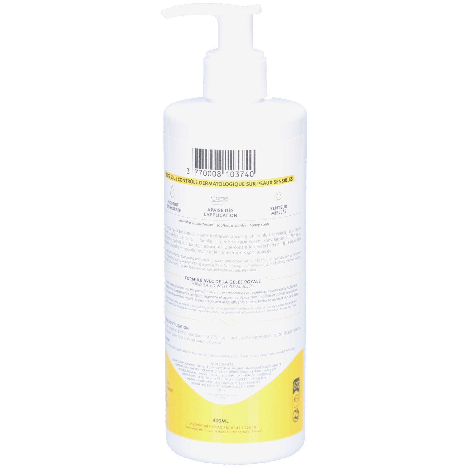 Achterkant van de witte fles met pomp. Tekst, gele accenten en barcode. Productinformatie.