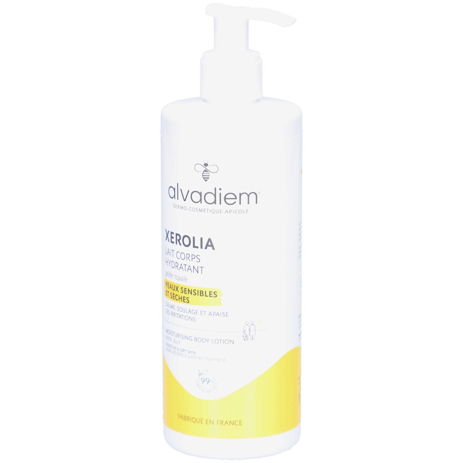 Witte fles met pomp. Opschrift: ALVADIEM Xerolia Lait Corps Hydratant. Voor gevoelige en droge huid. Gele accenten.