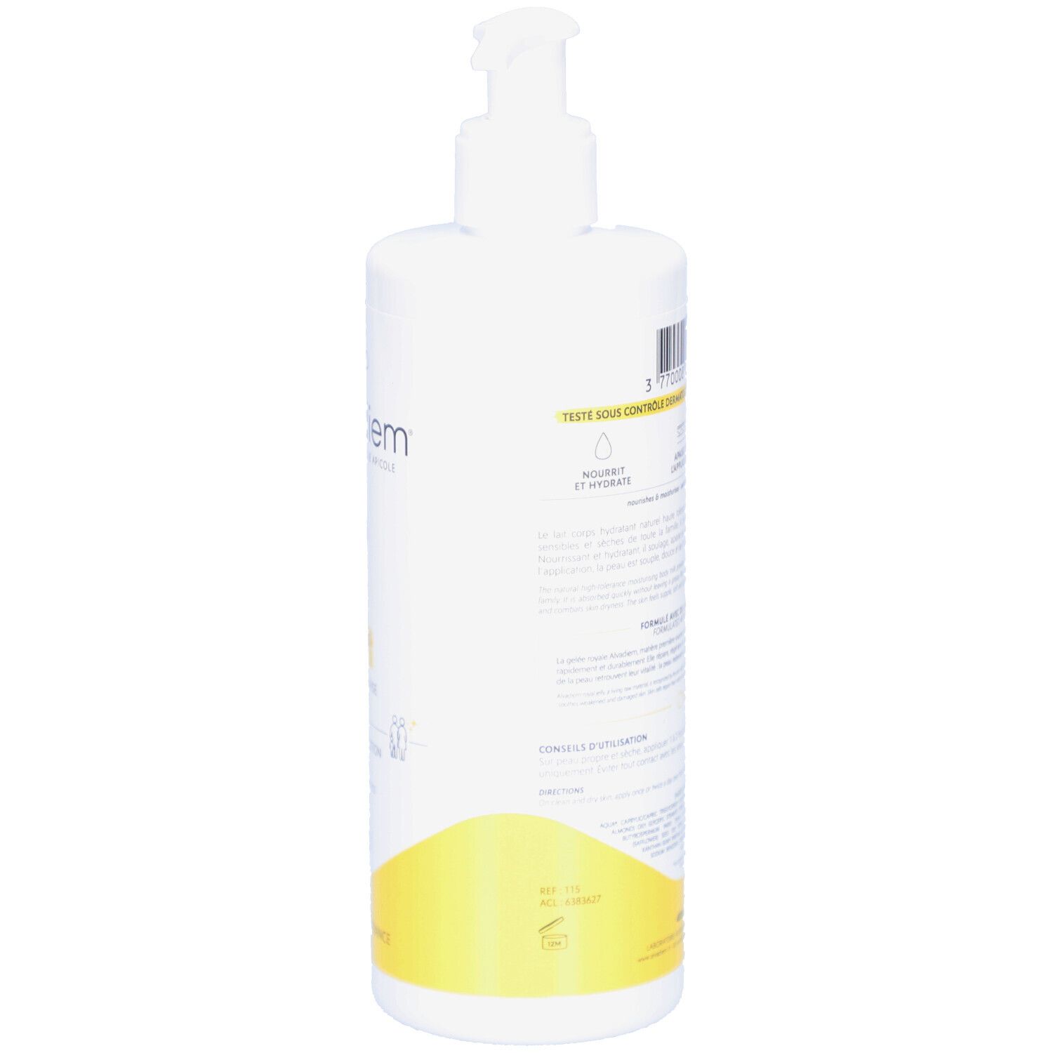 Achterkant van de witte fles met pomp. Tekst en gele accenten. Productinformatie.