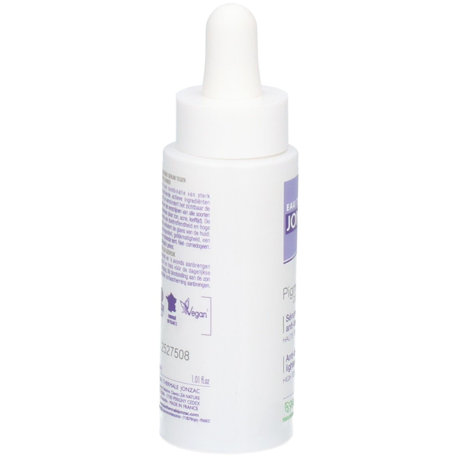Witte fles met pipet. Opschrift: JONZAC, Pigment Control Serum. Vegan logo. Meertalige tekst.