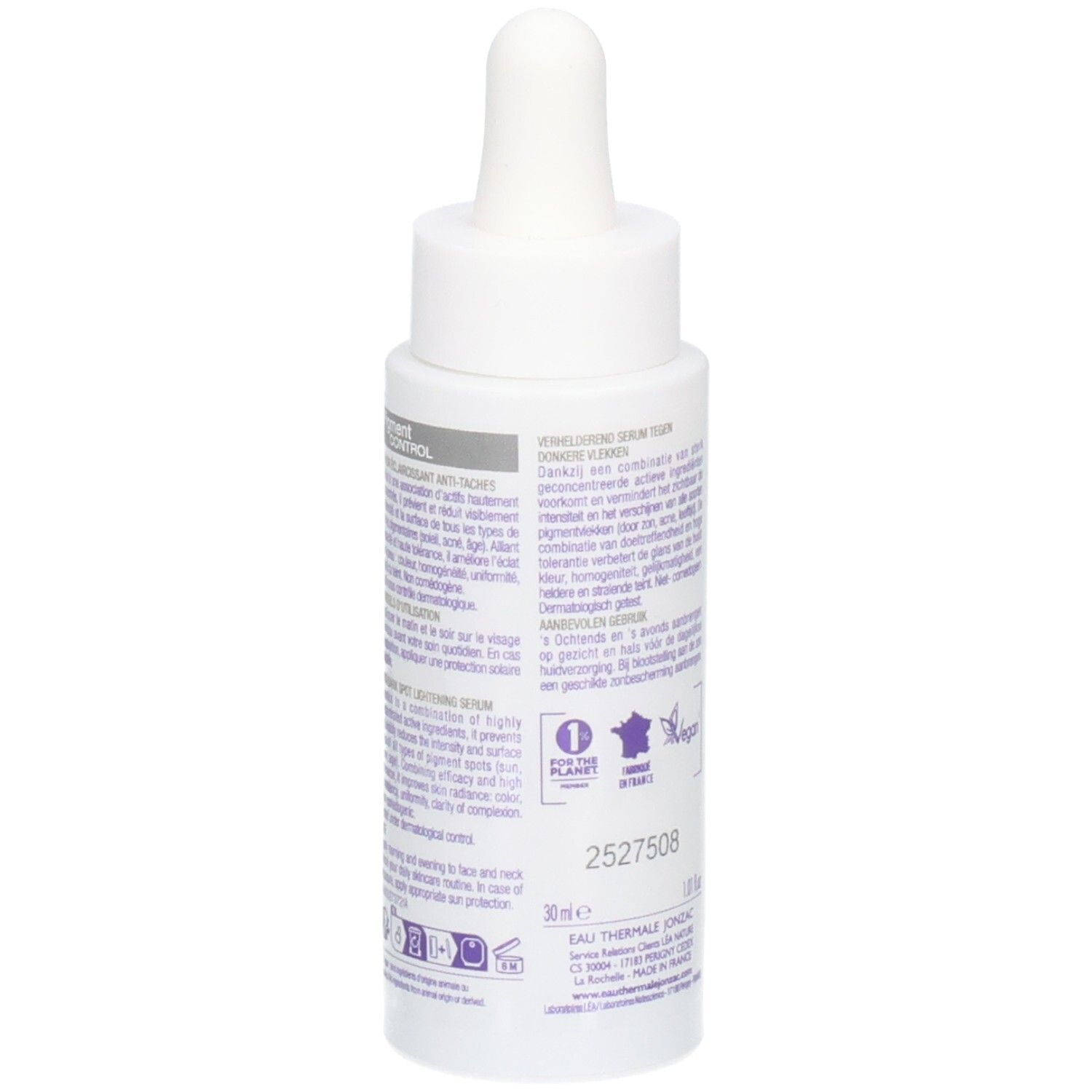 Witte fles met pipet. Opschrift: JONZAC, Pigment Control Serum. Meertalige tekst. 30 ml.