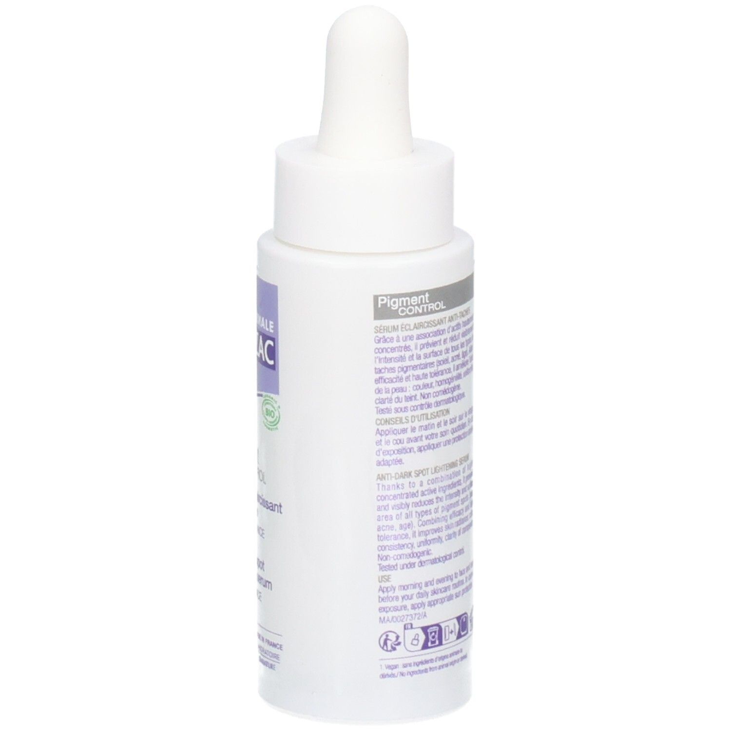 Witte fles met pipet. Opschrift: JONZAC, Pigment Control Serum. Meertalige tekst.