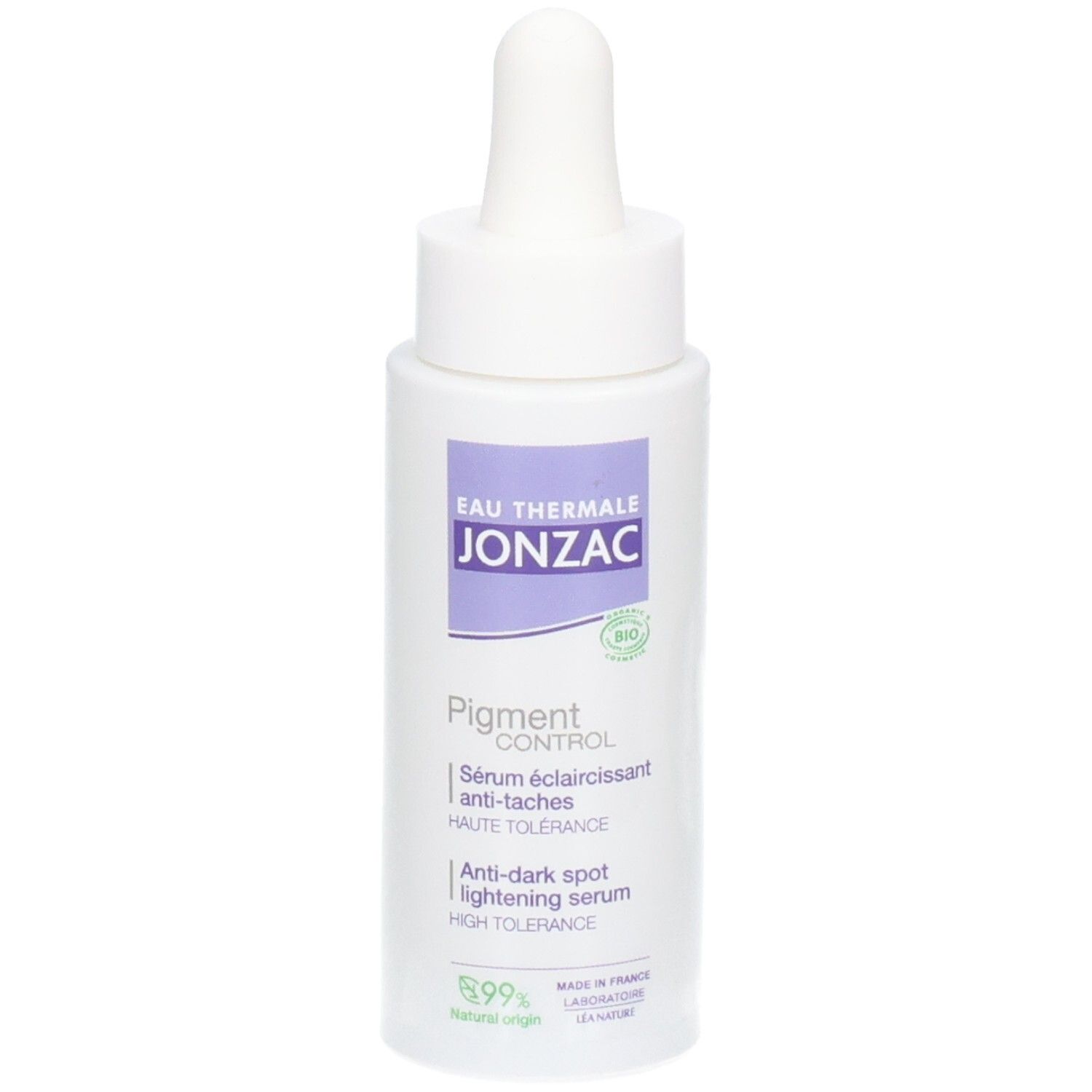Witte fles met pipet. Opschrift: JONZAC, Pigment Control Serum. Bio logo. 99% natuurlijke ingrediënten.