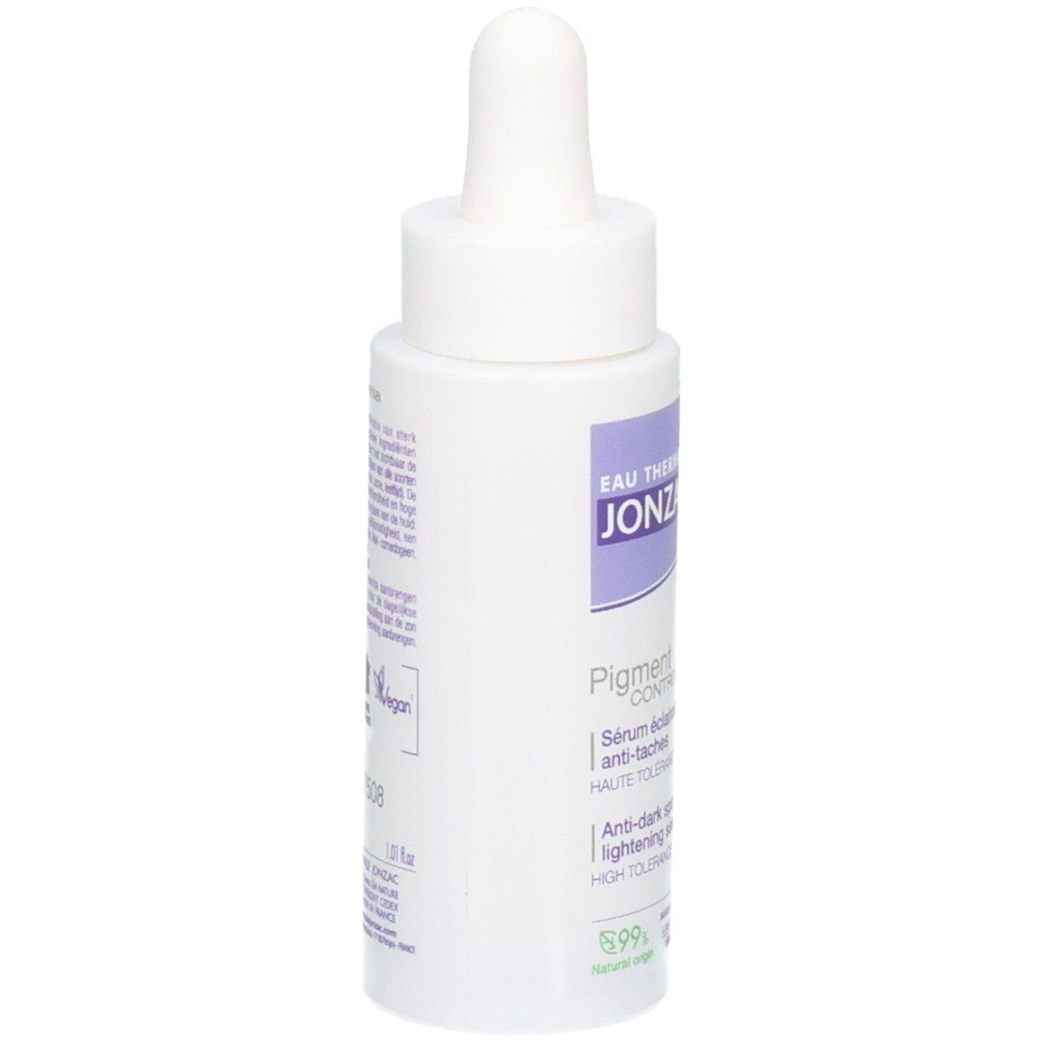 Witte fles met pipet. Opschrift: JONZAC, Pigment Control Serum. Meertalige tekst. 99% natuurlijk.