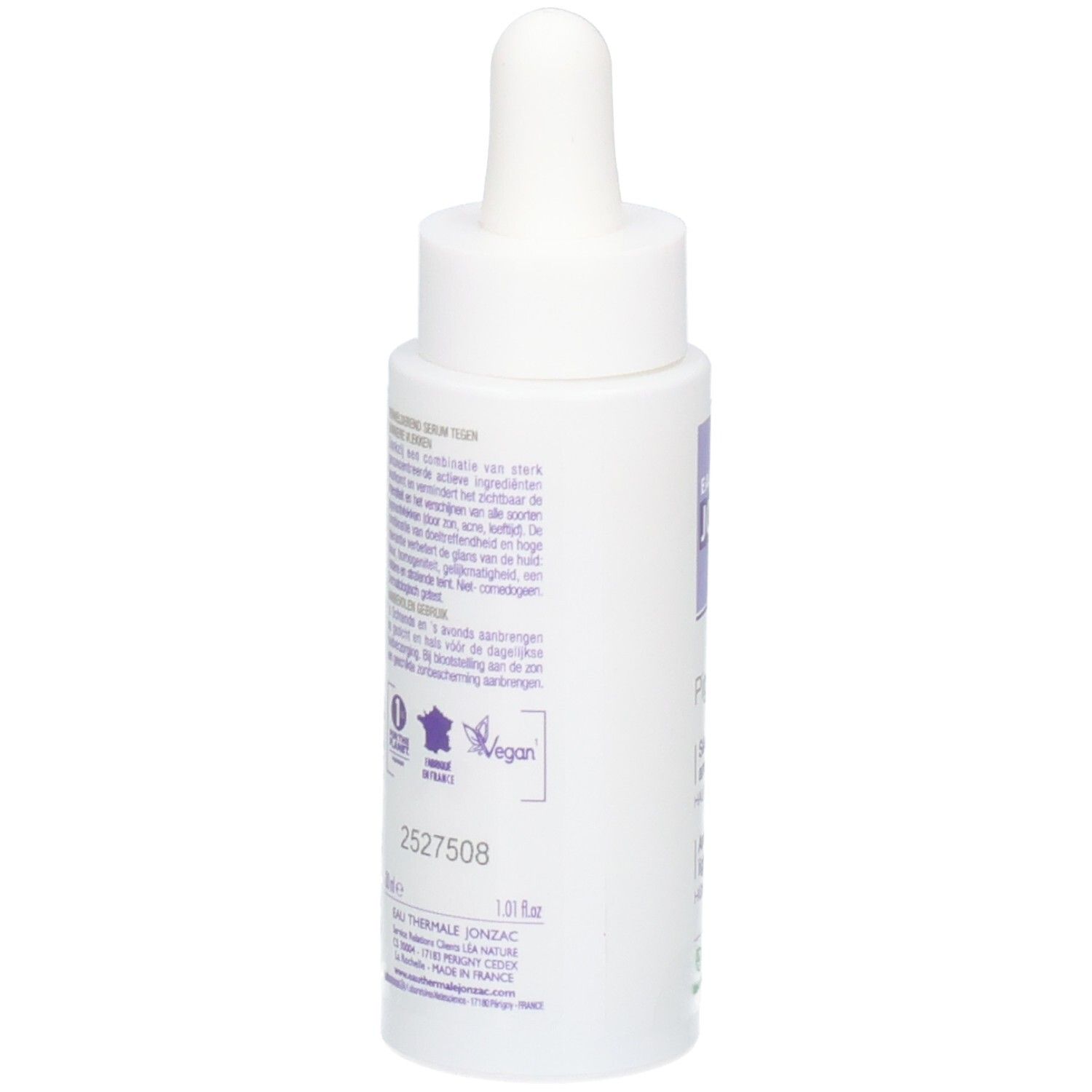 Witte fles met pipet. Opschrift: JONZAC, Pigment Control Serum. Meertalige tekst. Vegan logo.
