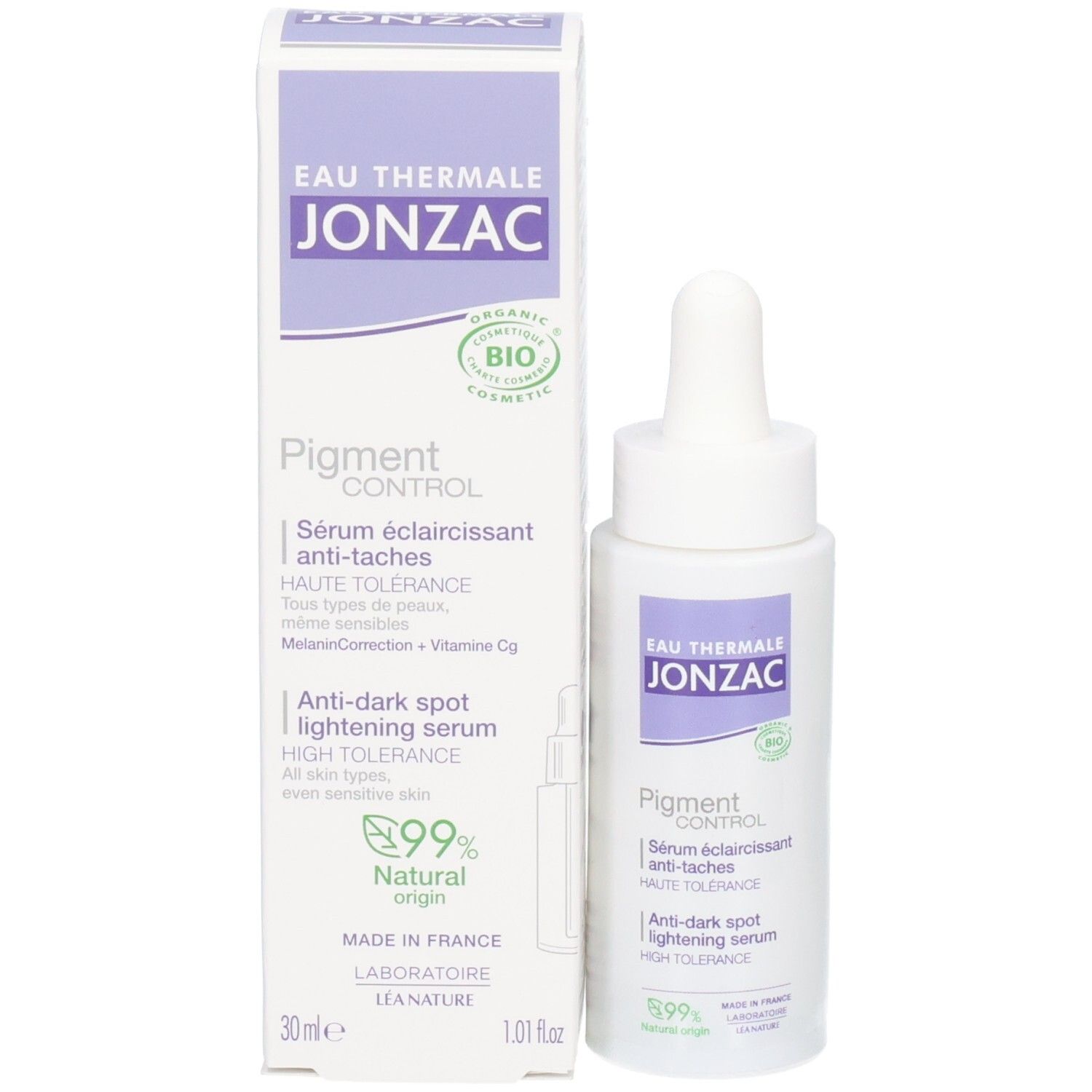 Verpakking en fles. Opschrift: JONZAC, Pigment Control Serum. Bio logo. 30ml. Pipet.