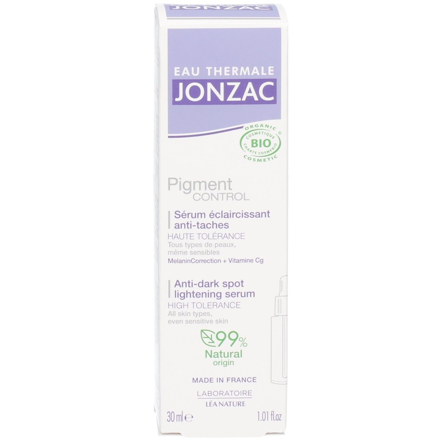 Productverpakking. Opschrift: JONZAC, Pigment Control Serum. Bio logo. 30ml. Pipet.