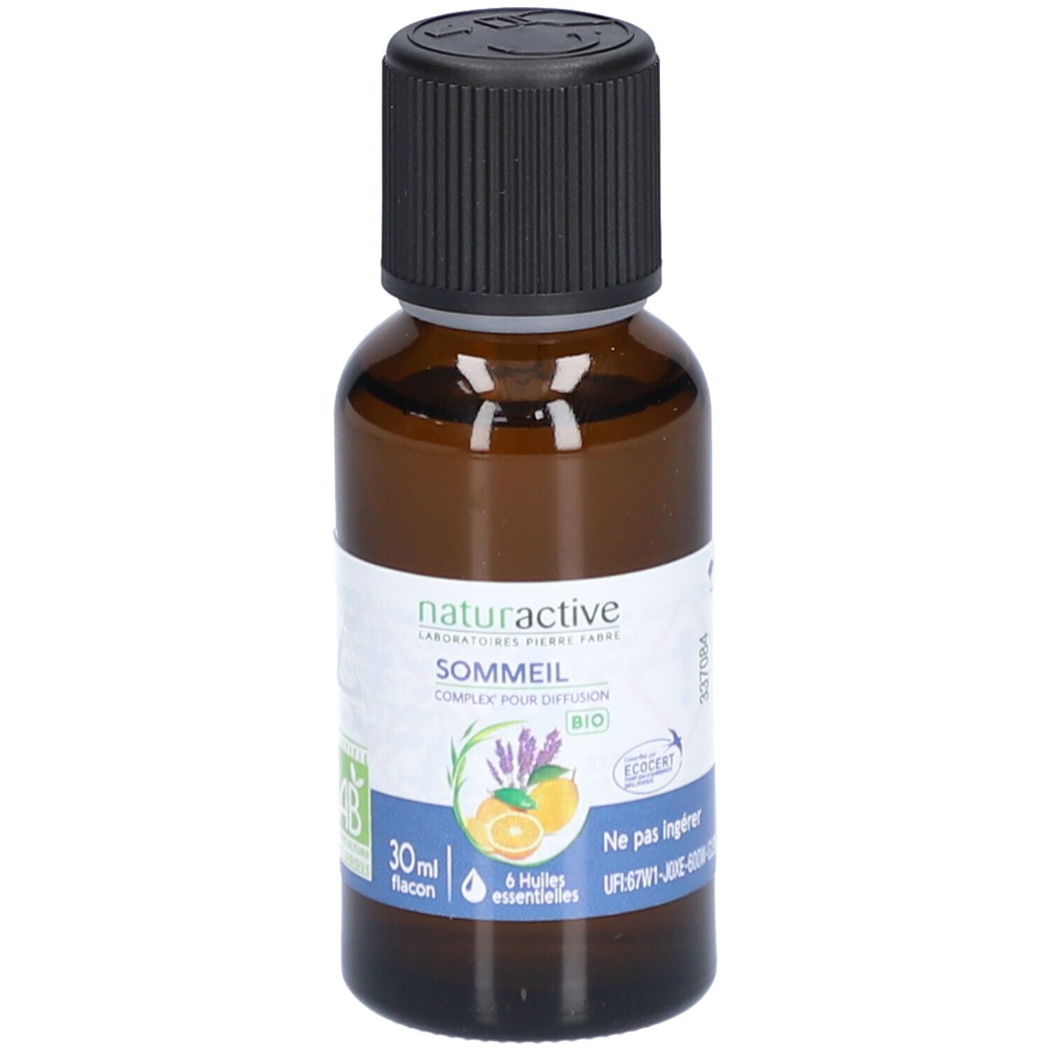 Flacon en verre brun avec bouchon noir. Étiquette avec nom du produit, illustrations et certifications. Flacon de 30 ml.