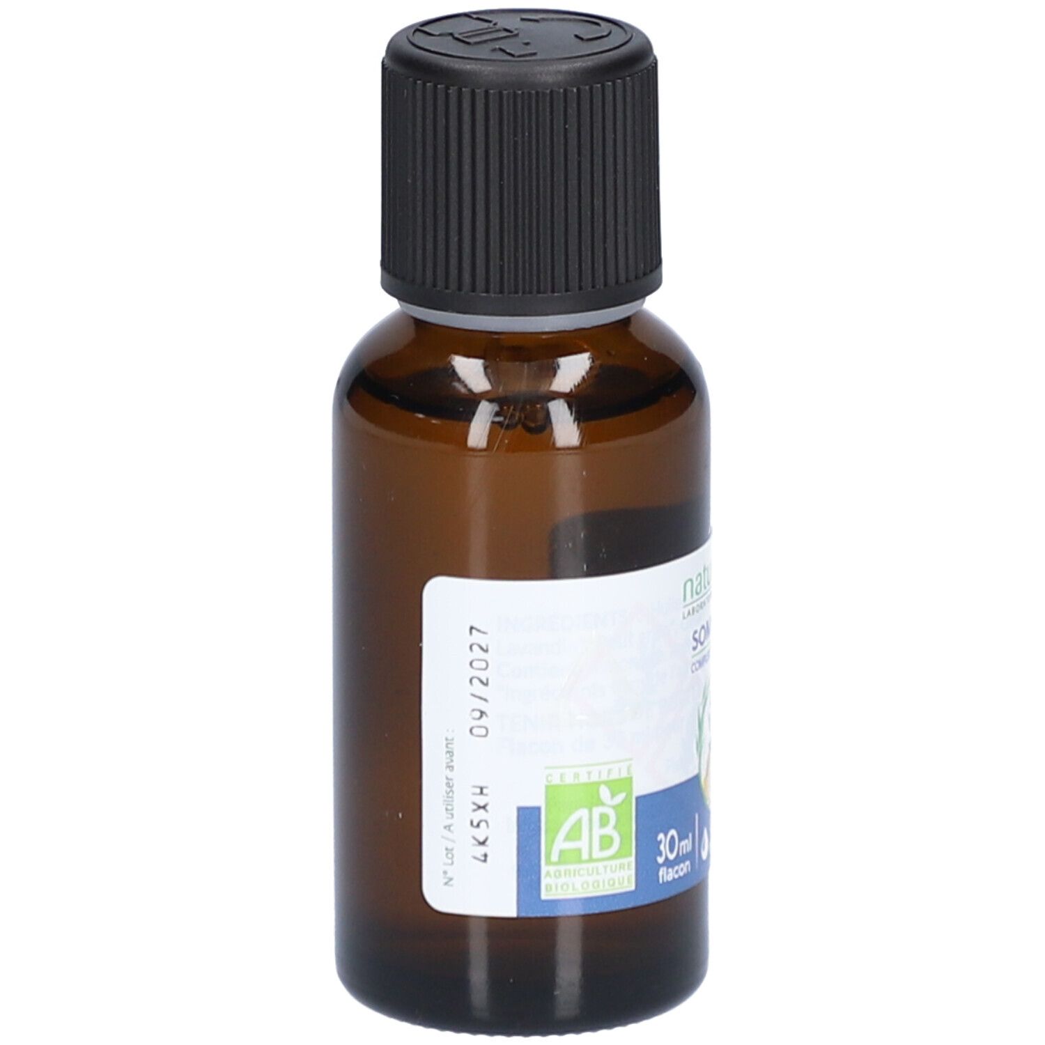 Flacon en verre brun avec bouchon noir. Étiquette avec informations produit et certifications. Flacon de 30 ml. Date de péremption 09/2027.