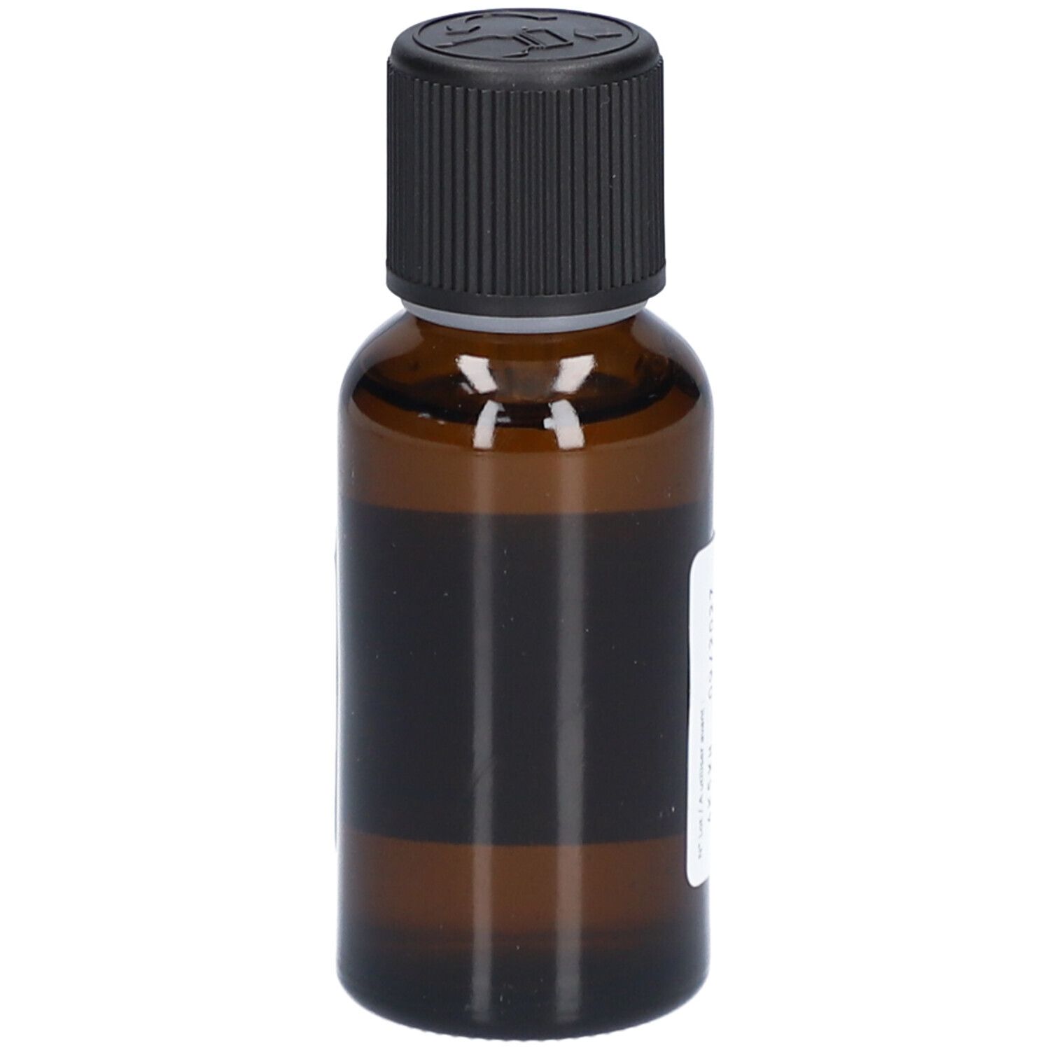 Flacon en verre brun avec bouchon noir. Étiquette avec informations produit. Aucun autre détail visible.