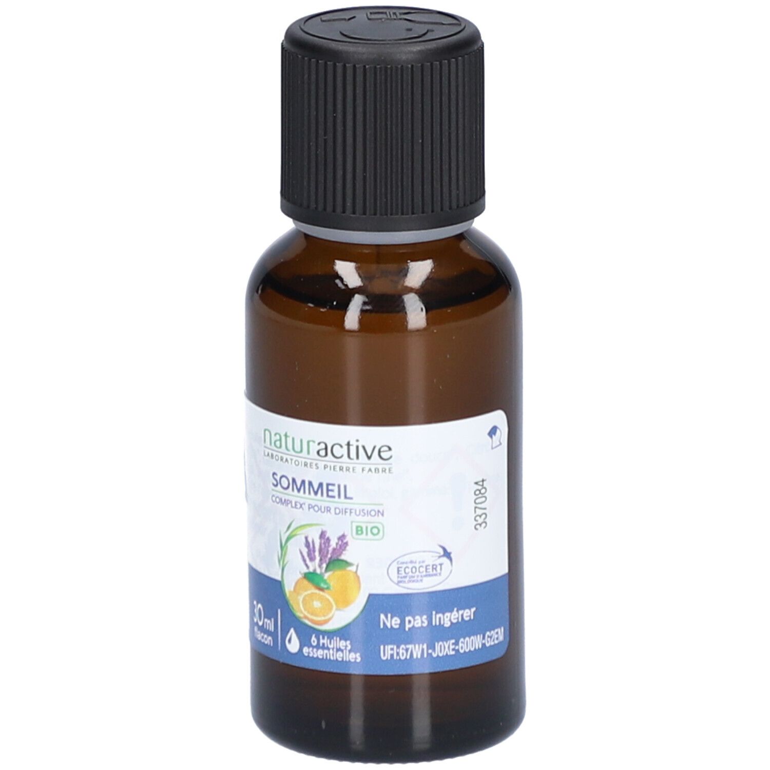 Flacon en verre brun avec bouchon noir. Étiquette avec nom du produit, illustrations et certifications. Flacon de 30 ml.