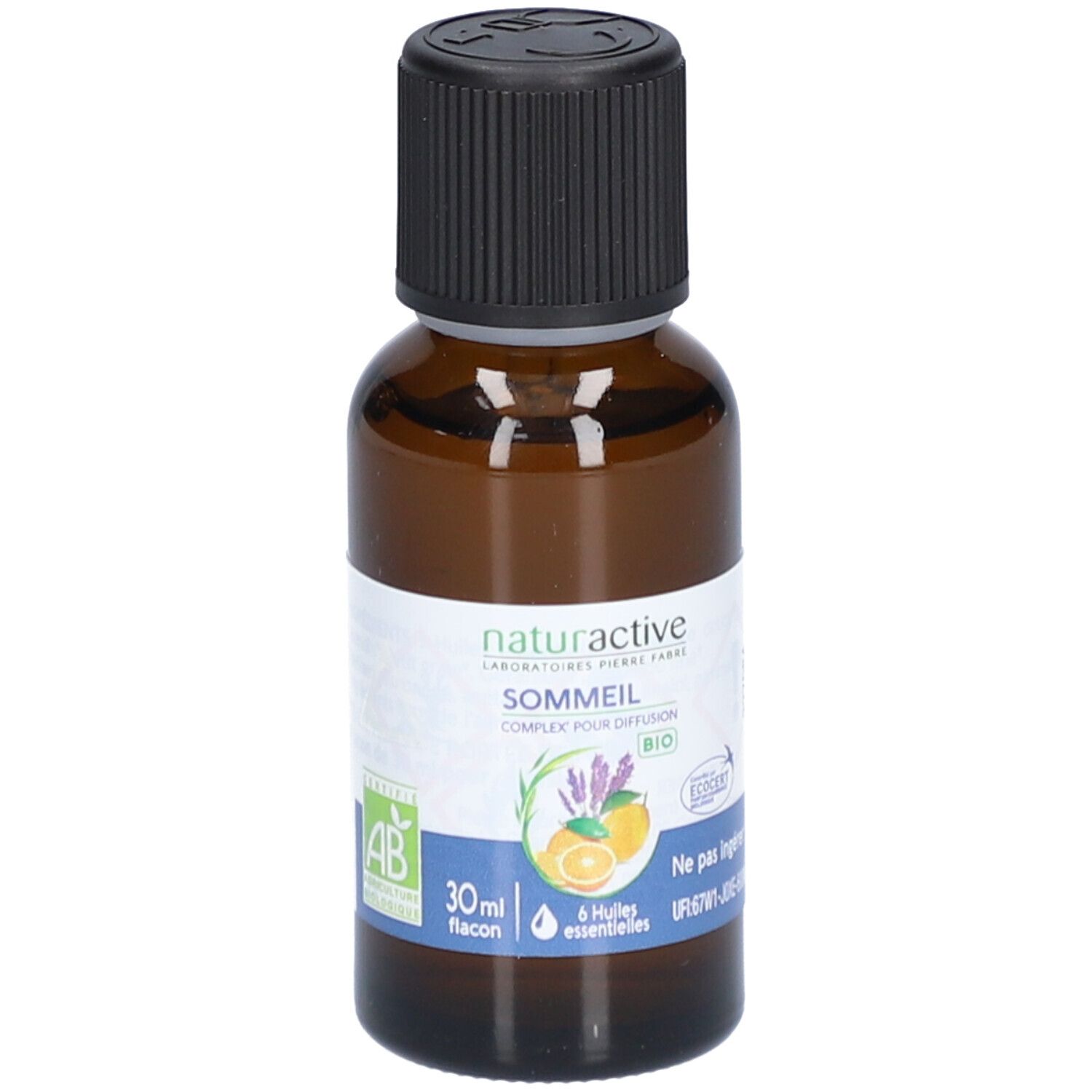 Flacon en verre brun avec bouchon noir. Étiquette avec nom du produit, illustrations et certifications. Flacon de 30 ml.