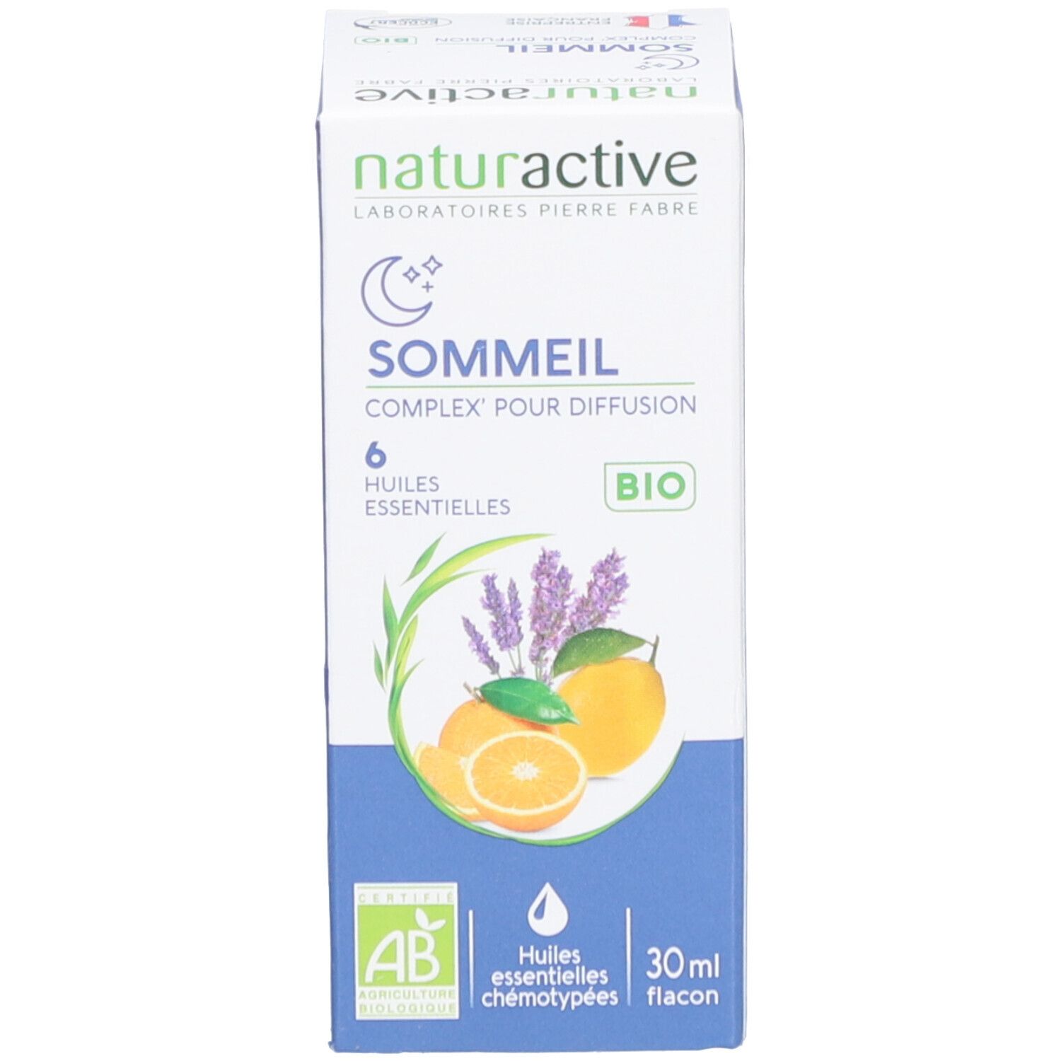 Emballage du produit. Boîte blanche et bleue avec nom du produit, illustrations et certifications. Flacon de 30 ml.