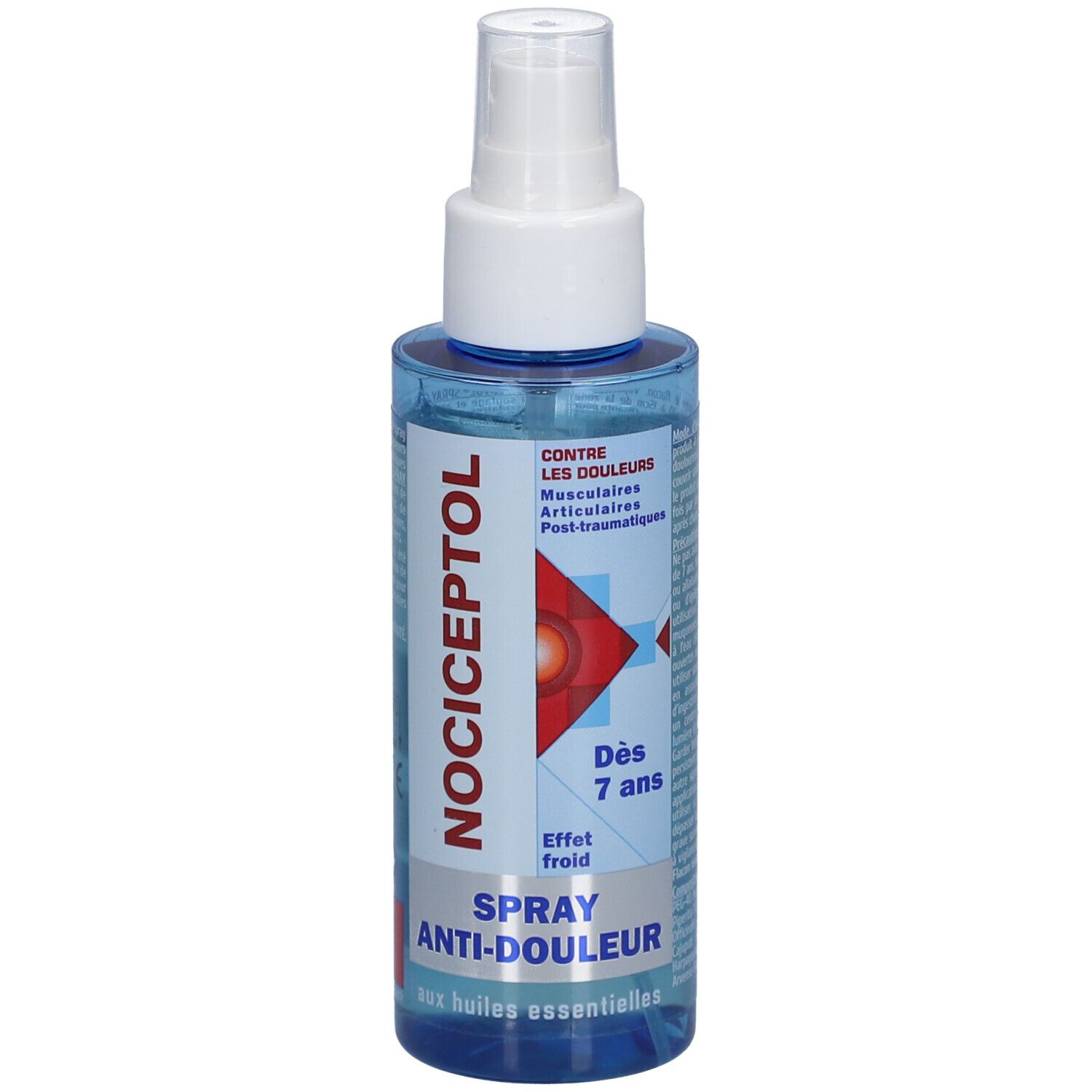 Flacon spray bleu transparent avec tête blanche. Inscription: NOCICEPTOL, Spray anti-douleur, Dès 7 ans.