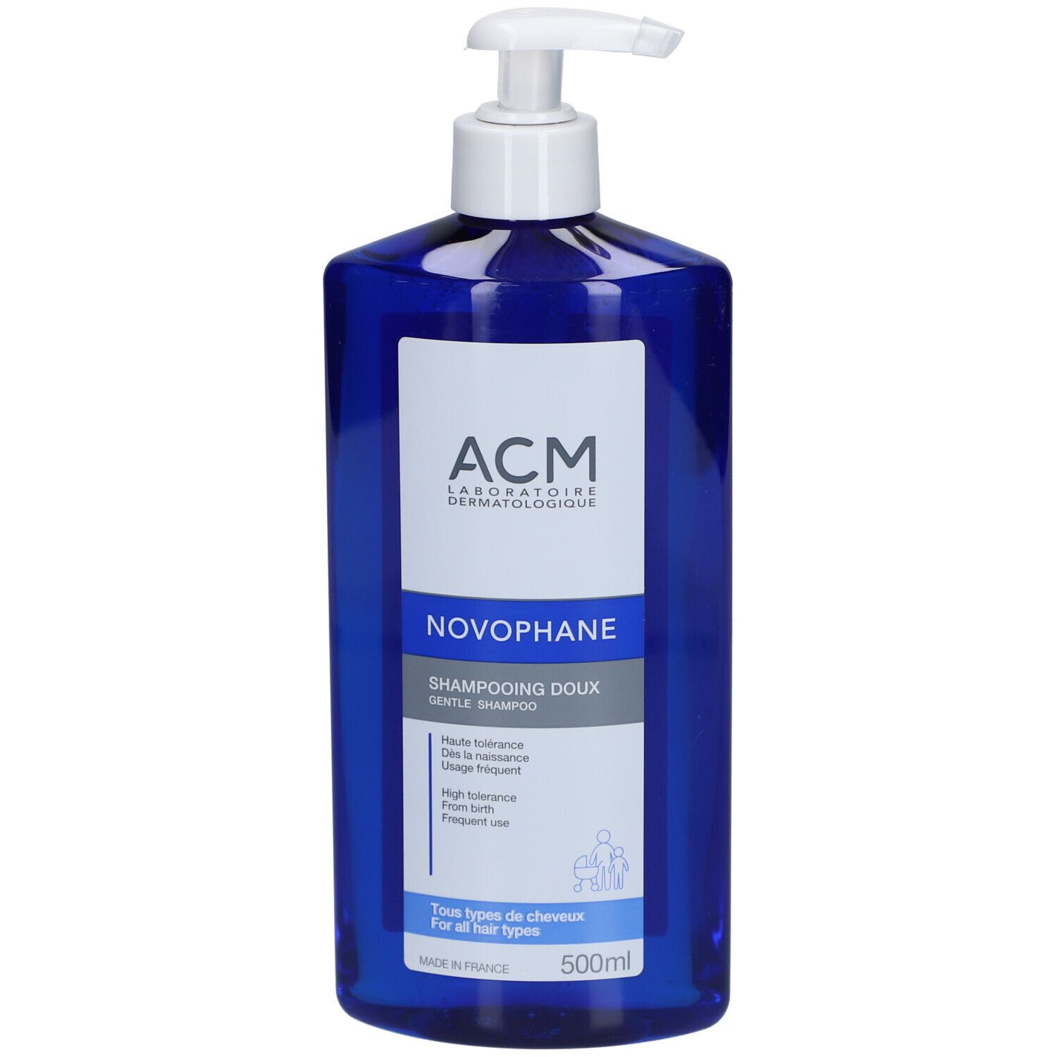 Blauwe fles met witte pomp. Label met "ACM Novophane" en productinformatie.