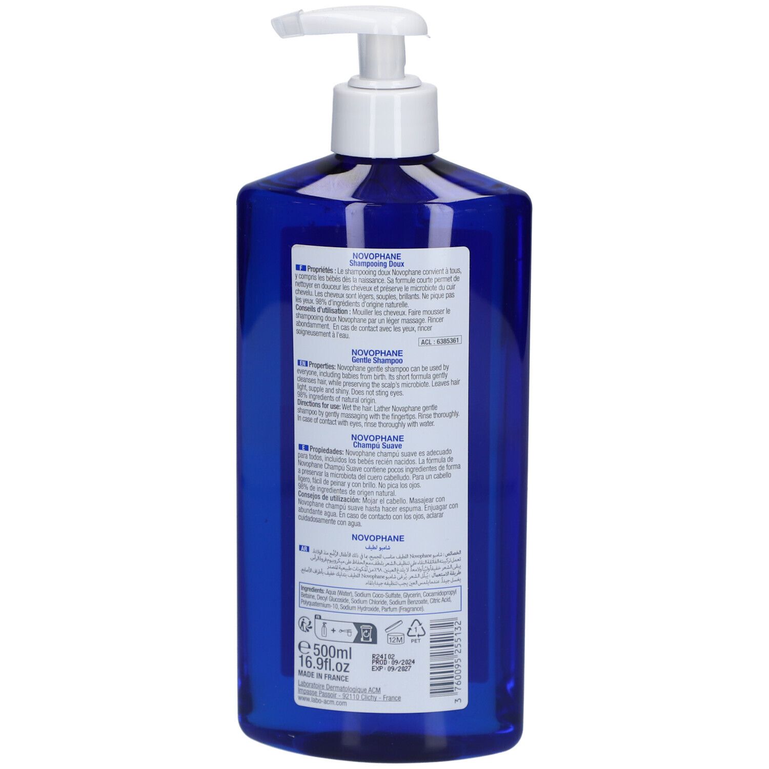 Achterkant blauwe fles met witte pomp. Label met productinformatie.