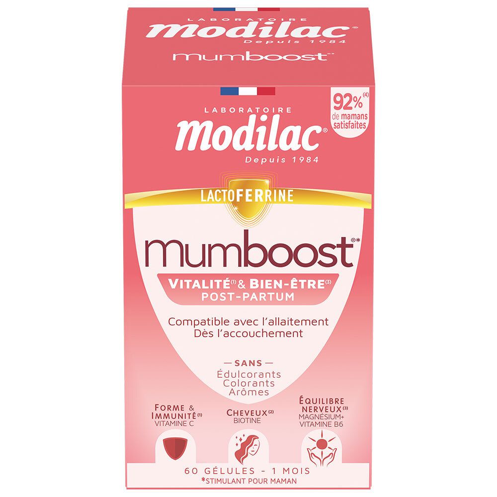 Modilac Mumboost verpakking. Roze doos met productnaam en details. 60 capsules.