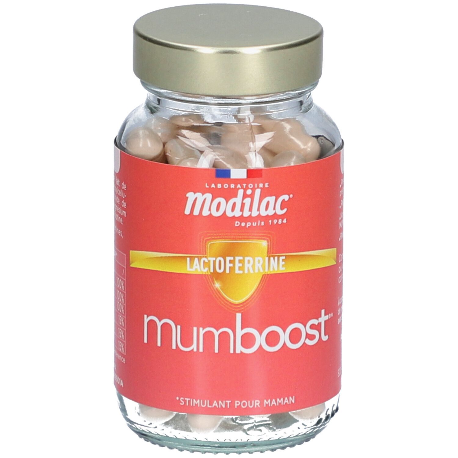 Flacon en verre avec gélules. Étiquette rouge avec "modilac mumboost". Bouchon doré. Logo Lactoferrine.