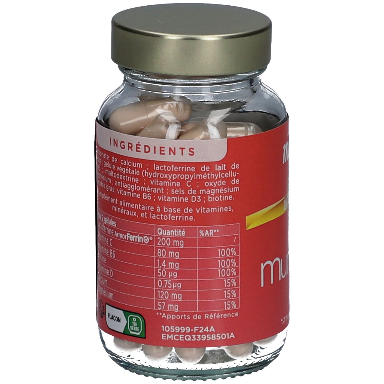 Dos du flacon en verre avec ingrédients et informations nutritionnelles. Étiquette "modilac mumboost".