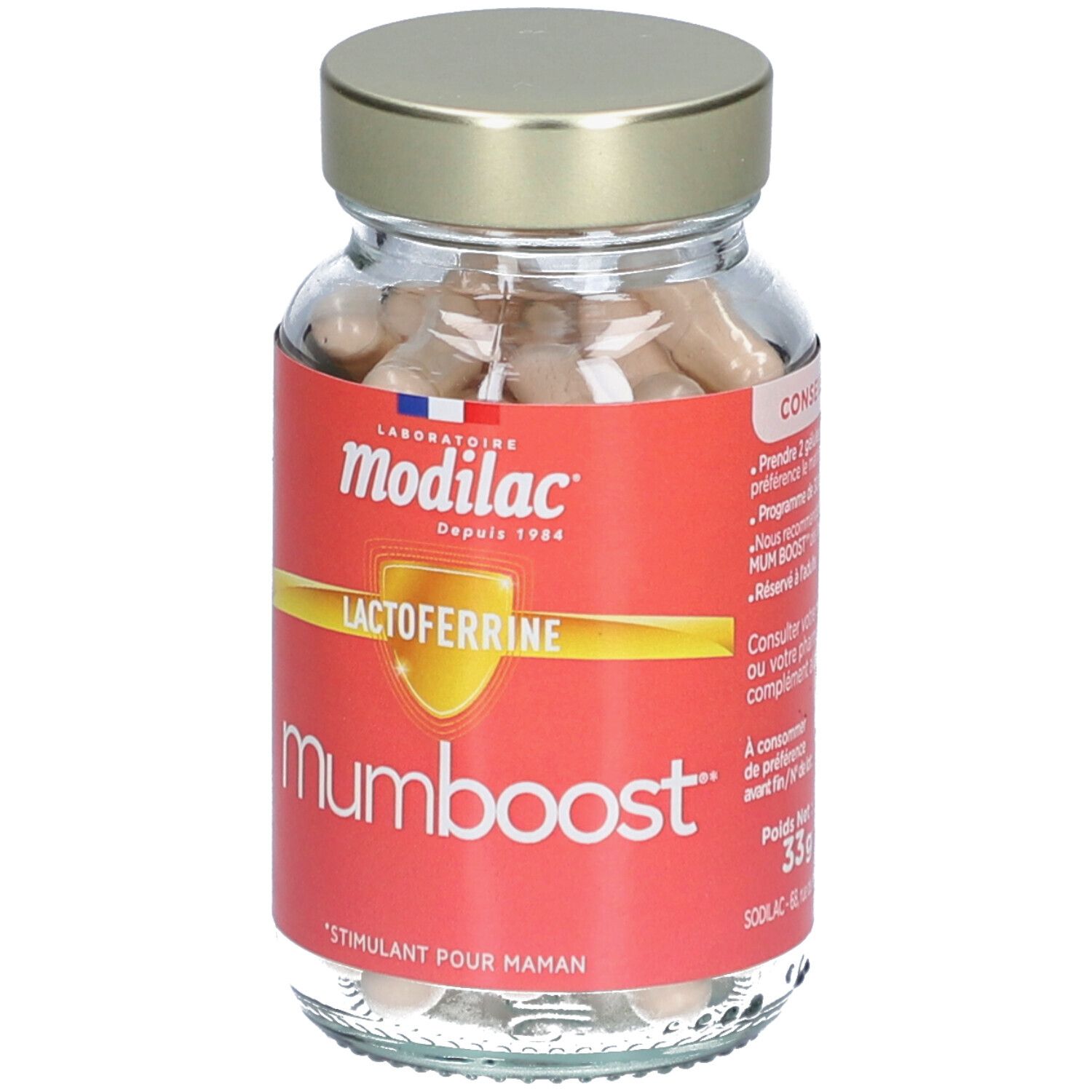 Flacon en verre avec gélules. Étiquette rouge avec "modilac mumboost". Bouchon doré. Logo Lactoferrine.