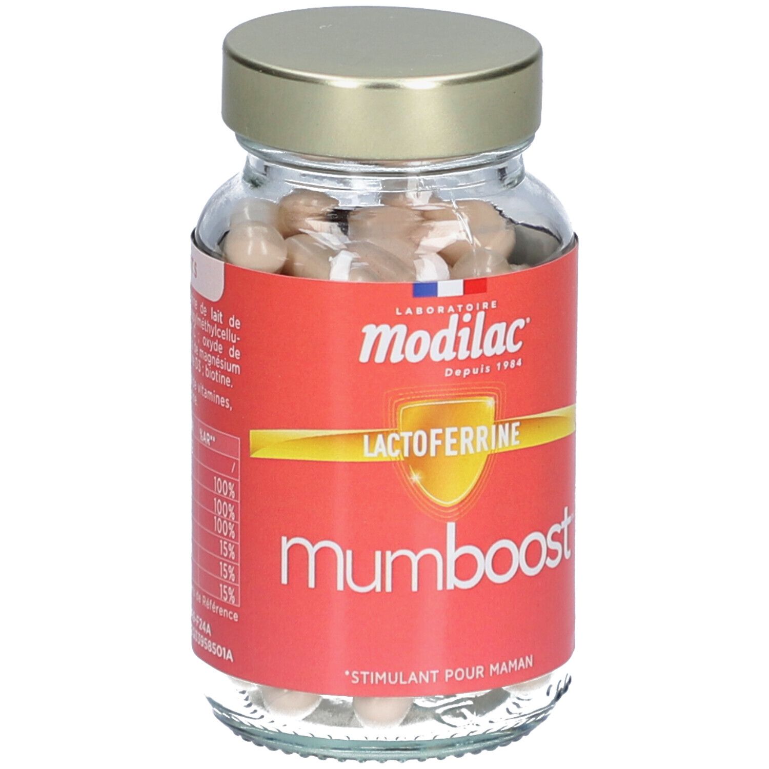 Flacon en verre avec gélules. Étiquette rouge avec ingrédients et informations nutritionnelles. Logo "modilac mumboost".