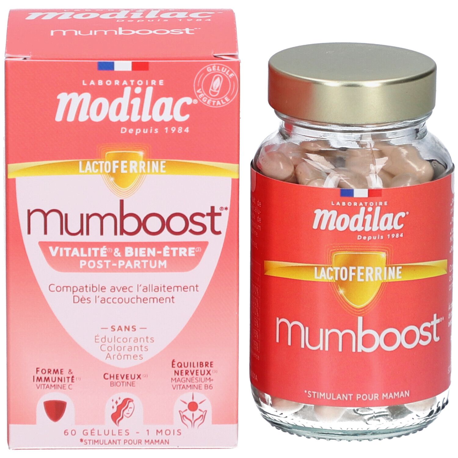 Flacon et boîte. Logo "modilac mumboost". Contient 60 gélules. Vitalité & bien-être post-partum.