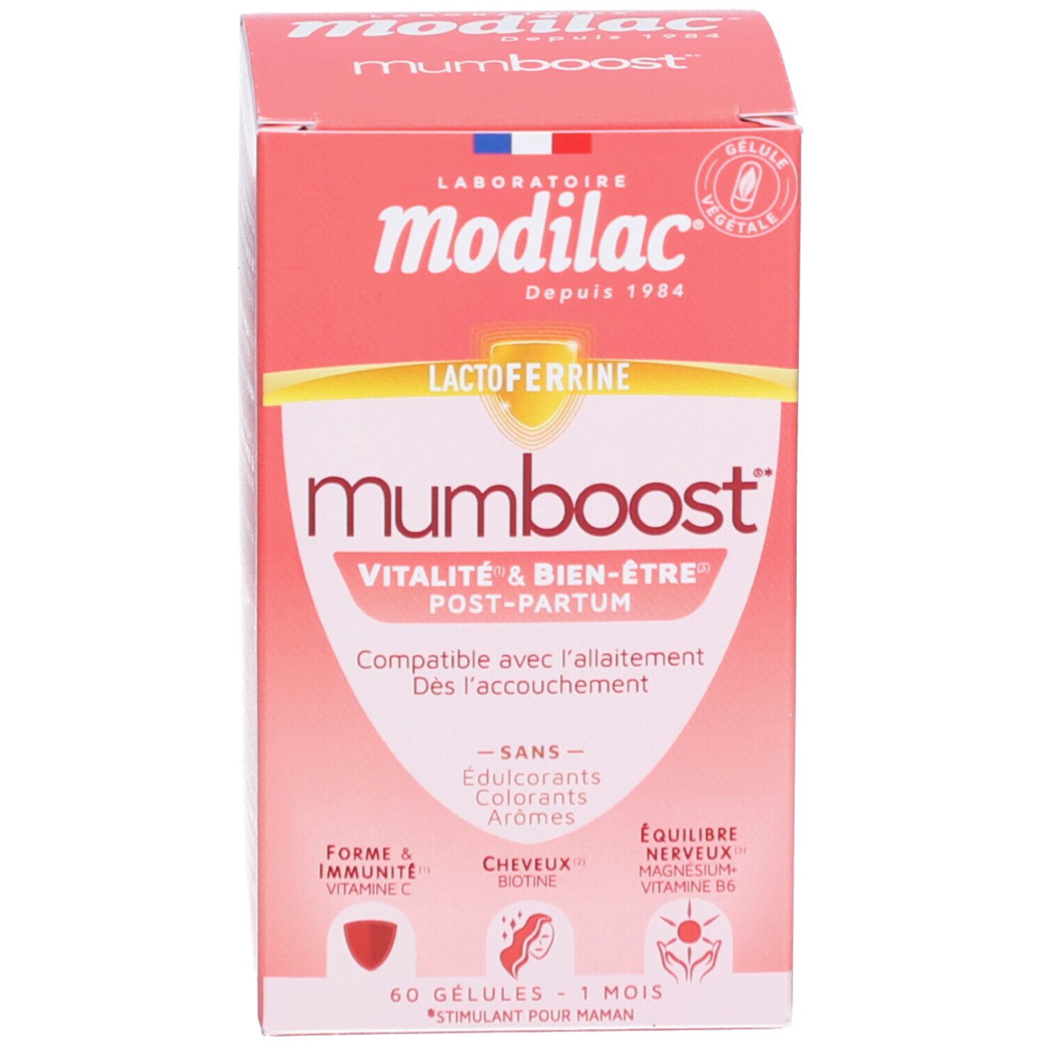 Boîte avec logo "modilac mumboost". Vitalité & bien-être post-partum. 60 gélules.