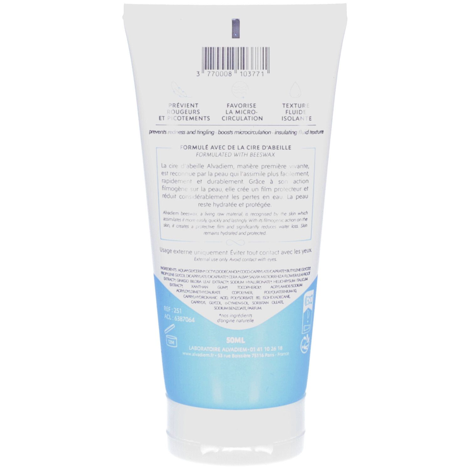 Achterkant van de tube. Tekst: Formule met bijenwas. Ingrediënten. Volume: 50ml. Gemaakt in Frankrijk. Voorkomt roodheid en jeuk.