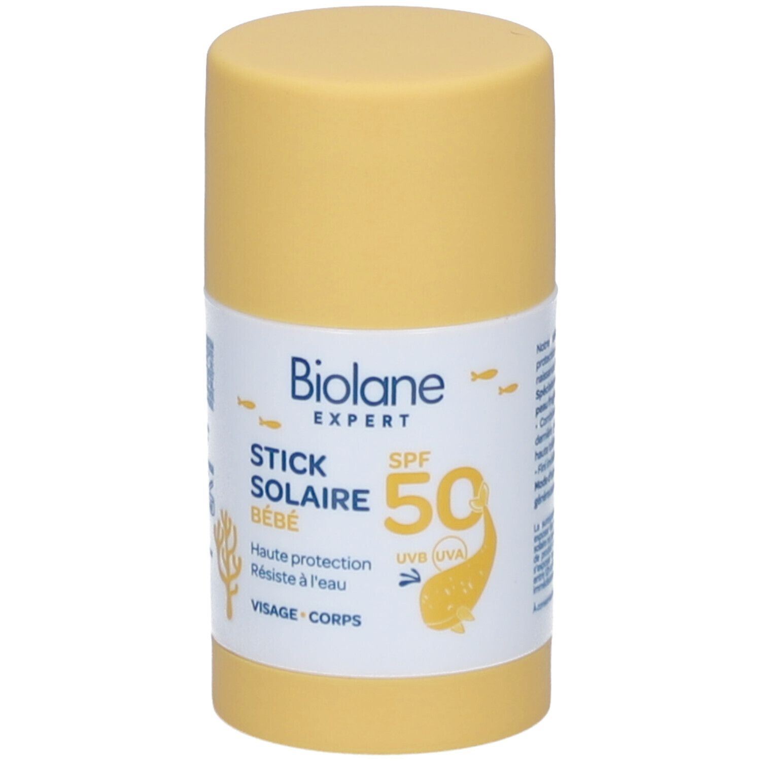 Stick solaire jaune pour bébé. SPF 50. Marque Biolane Expert. Texte: Stick Solaire Bébé, Visage Corps.