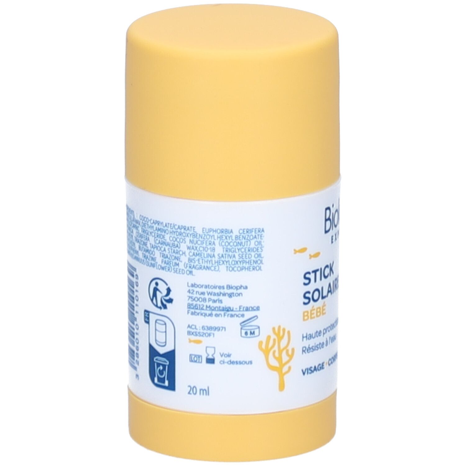 Dos du stick solaire jaune. Ingrédients et instructions. Marque Biolane Expert. 20 ml.