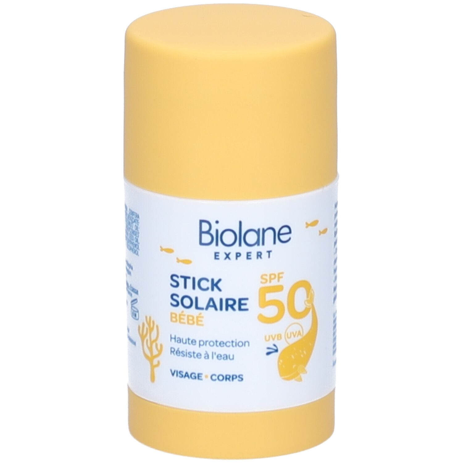 Stick solaire jaune pour bébé. SPF 50. Marque Biolane Expert. Texte: Stick Solaire Bébé, Visage Corps.