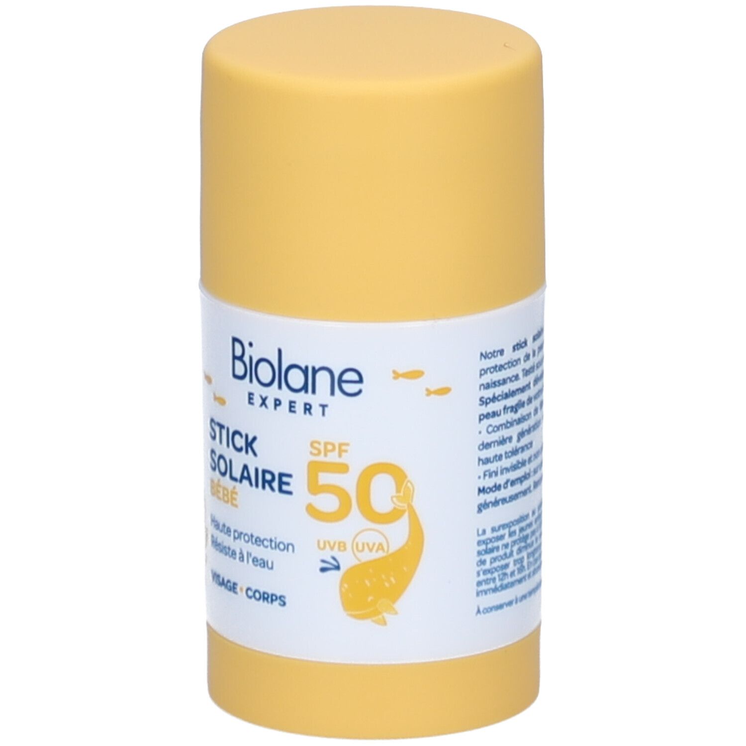 Stick solaire jaune pour bébé. SPF 50. Marque Biolane Expert. Texte: Stick Solaire Bébé, Visage Corps.