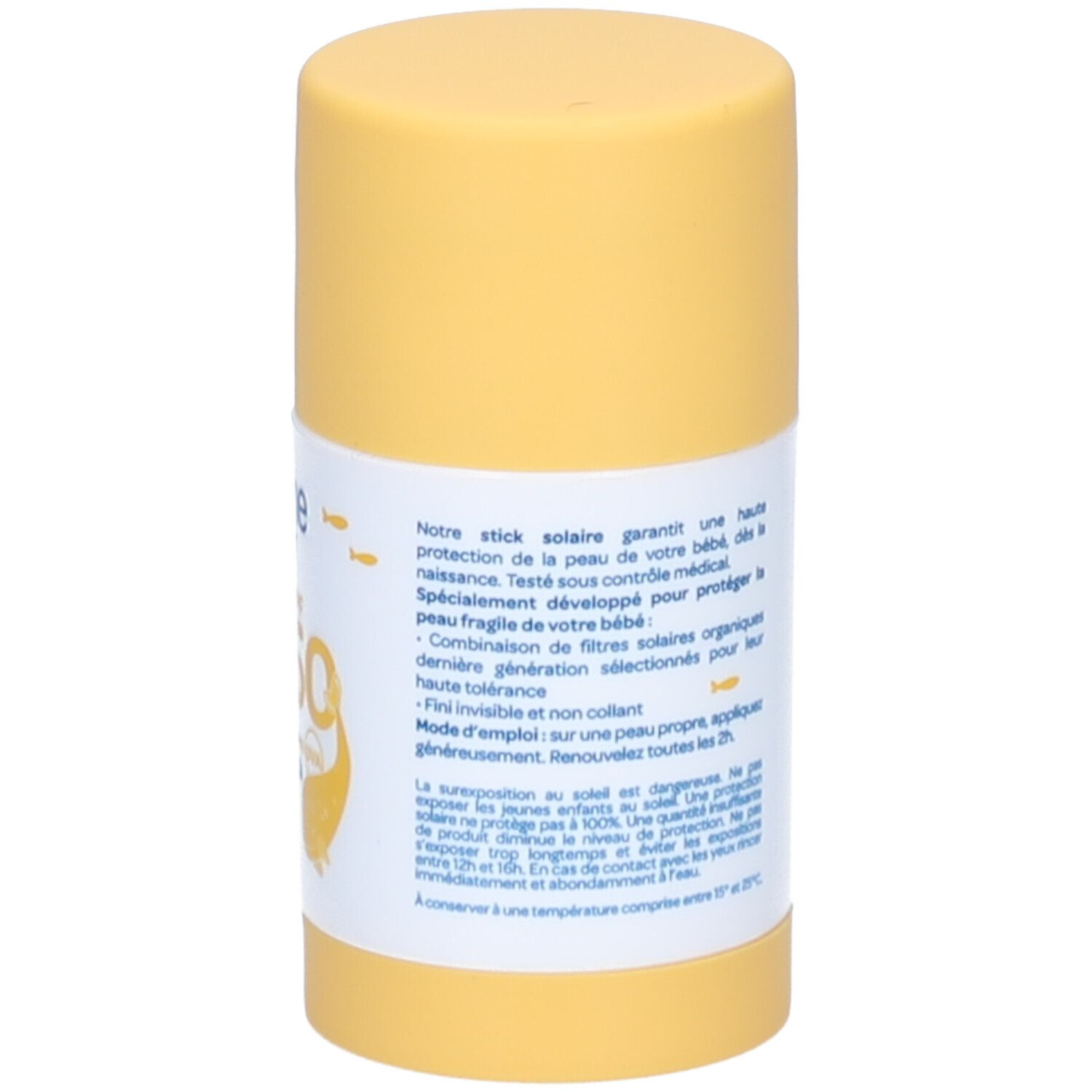 Dos du stick solaire jaune. Informations et instructions sur le produit.