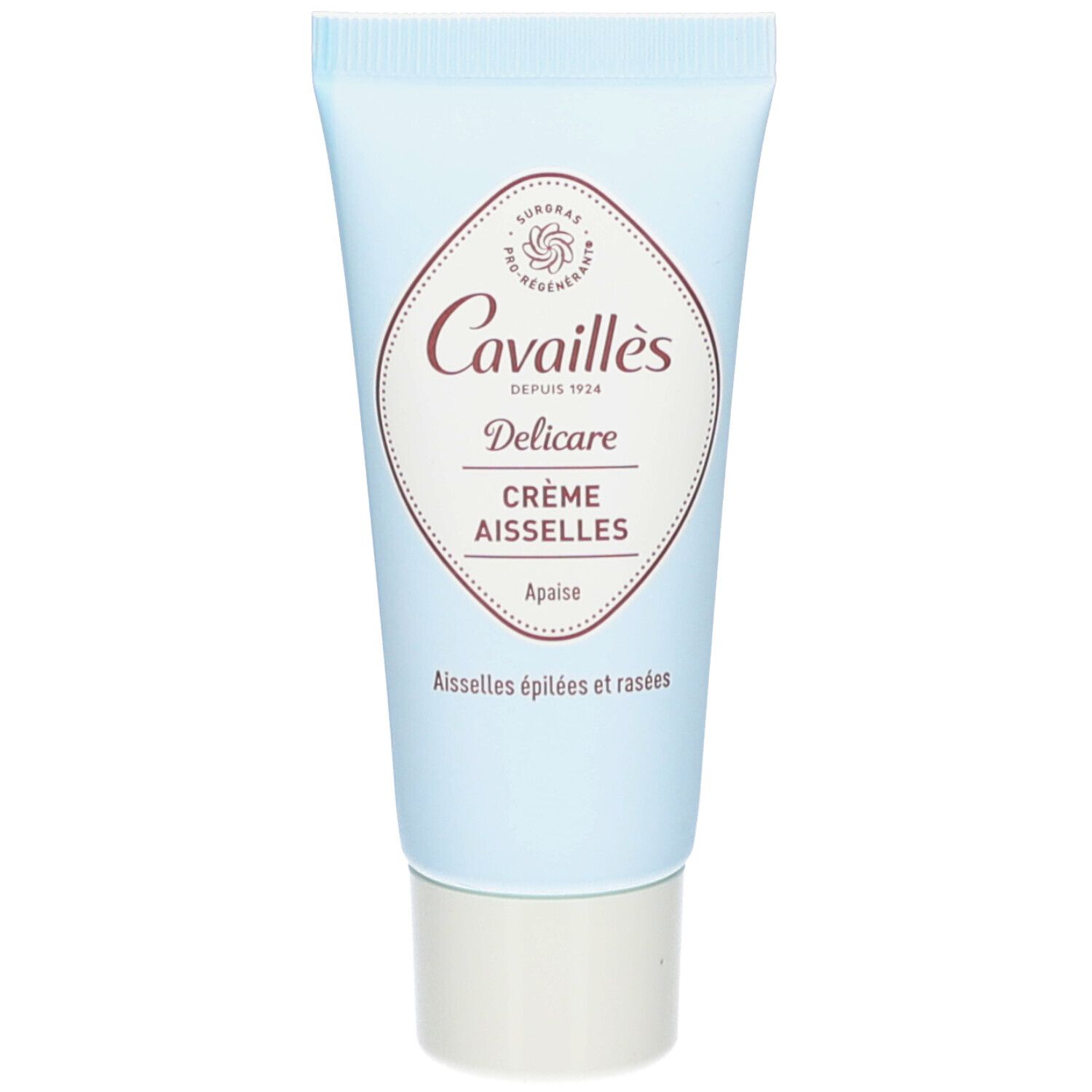 Lichtblauwe tube met productnaam en logo. Tekst: Delicare Crème Aisselles. Merk: Cavaillès. Witte schroefdop.