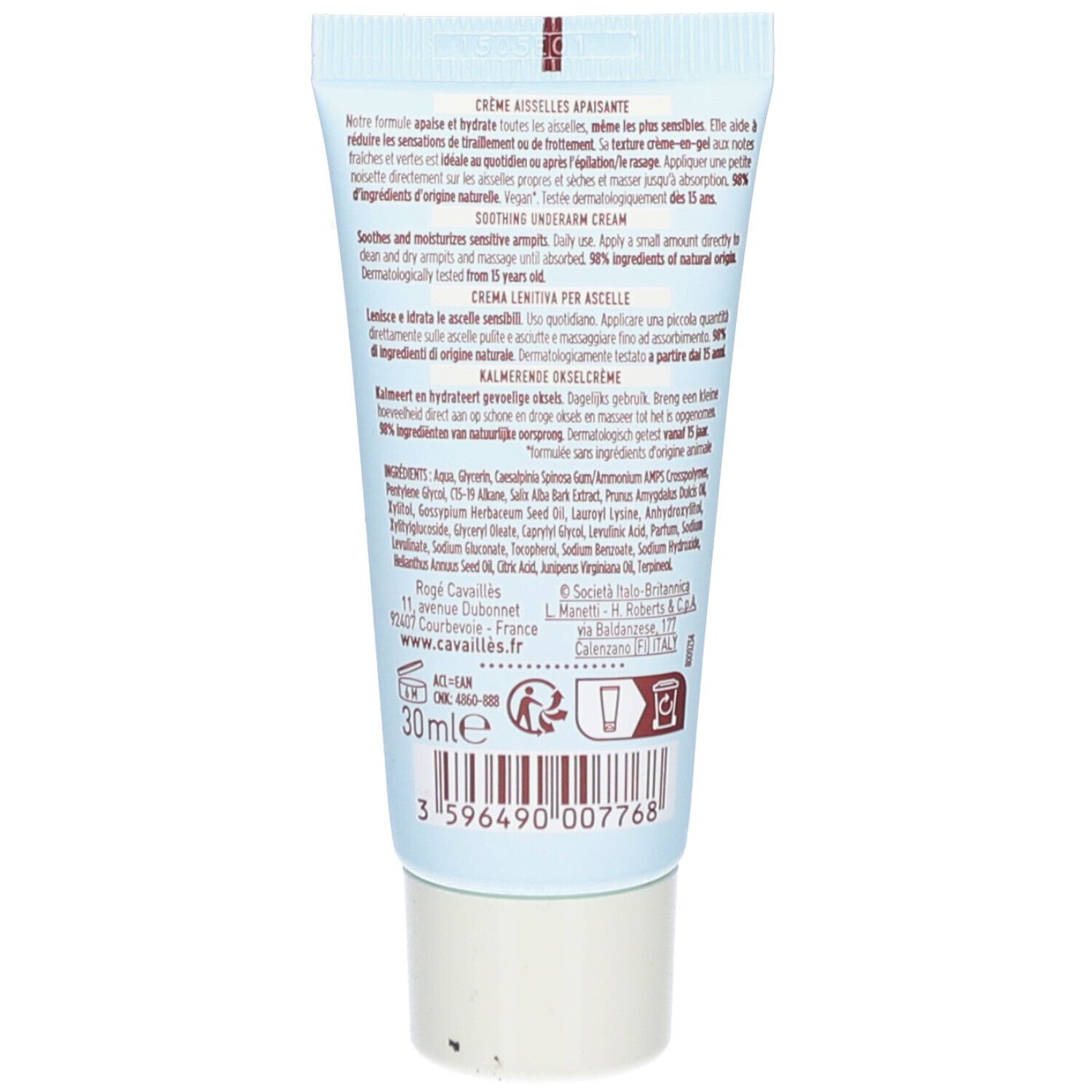 Achterkant van de tube. Tekst: Crème Aisselles apaisante. Ingrediënten en fabrikantinfo. Volume: 30 ml. Barcode.