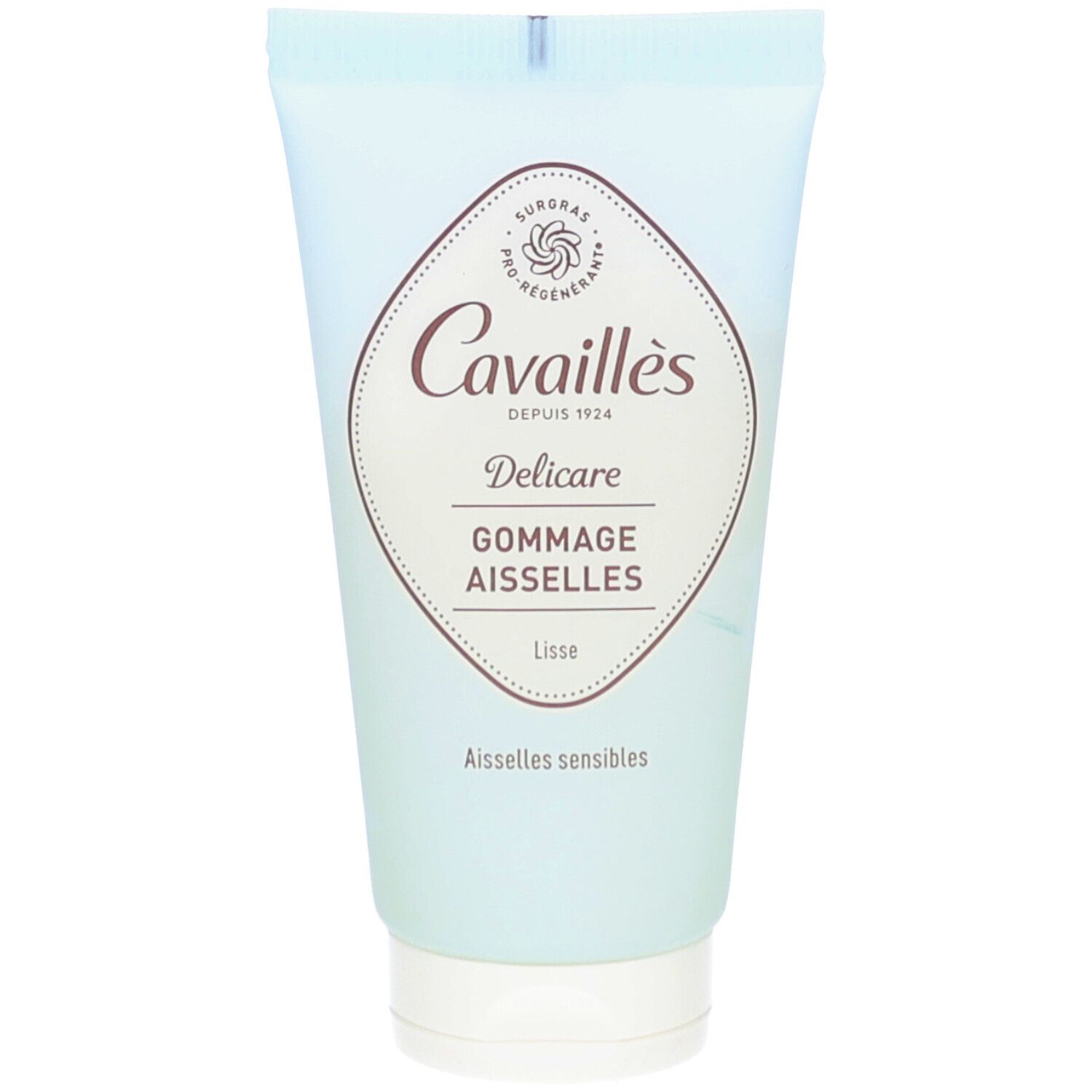 Lichtblauwe tube met productnaam en logo. "Delicare Gommage Aisselles" staat op het etiket. "Aisselles sensibles" eronder.