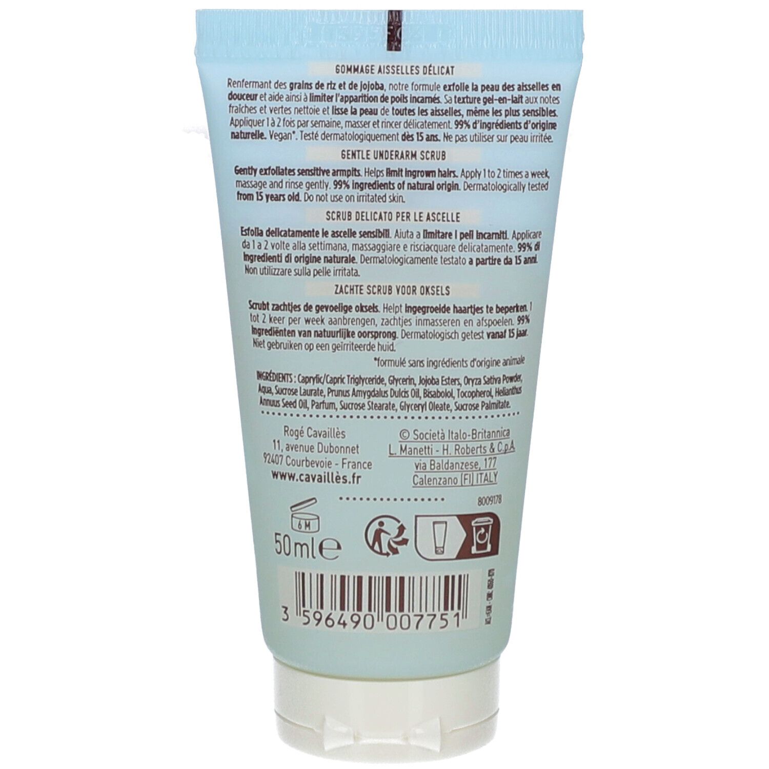 Achterkant van de tube met tekst. Ingrediënten, gebruiksaanwijzing en fabrikantinfo gedrukt. 50ml volumeaanduiding.