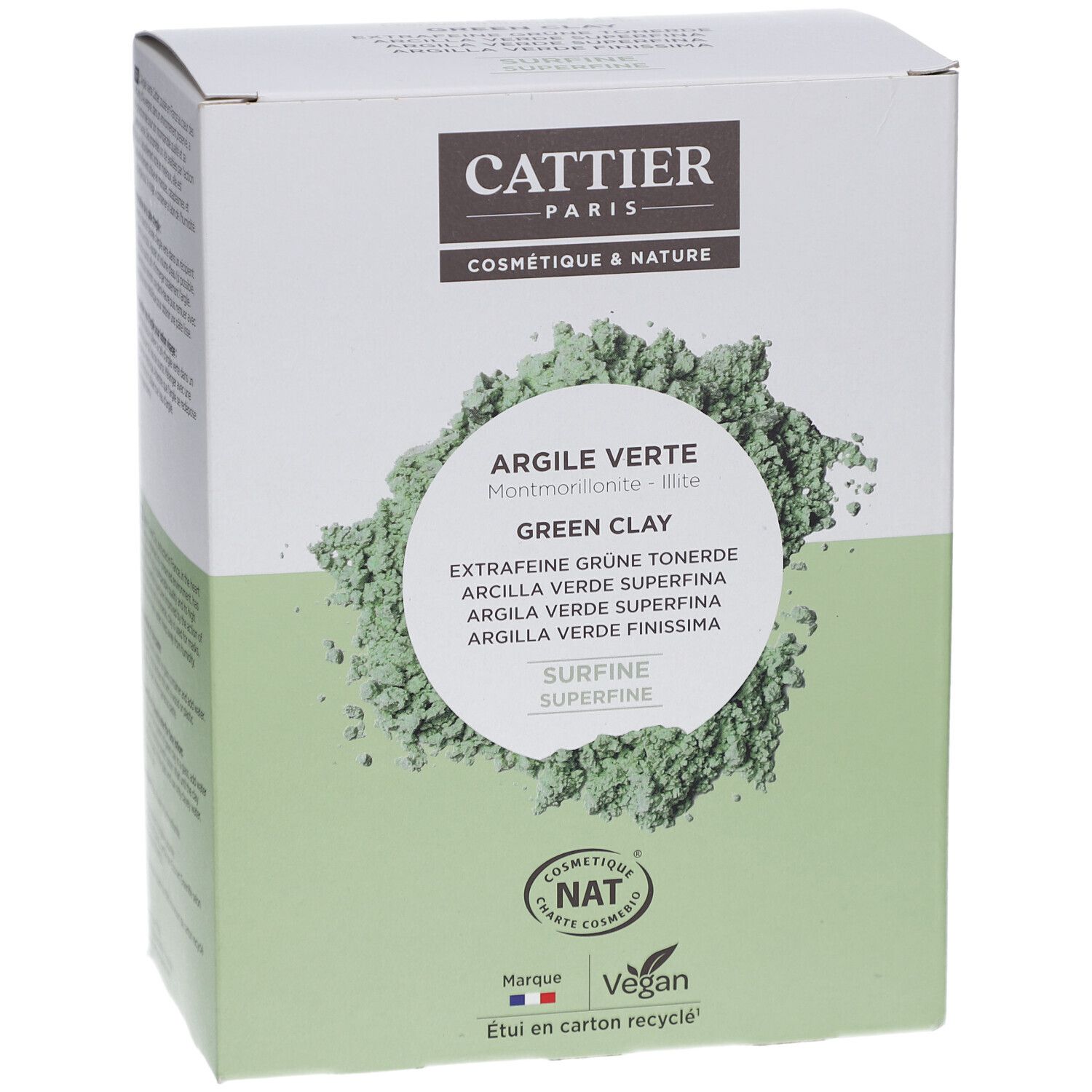 Boîte de CATTIER ARGILE VERTE SURFINE. Image de poudre verdâtre. Texte: ARGILE VERTE, Green Clay, SURFINE. Logos: NAT, Vegan, Fabriqué en France.
