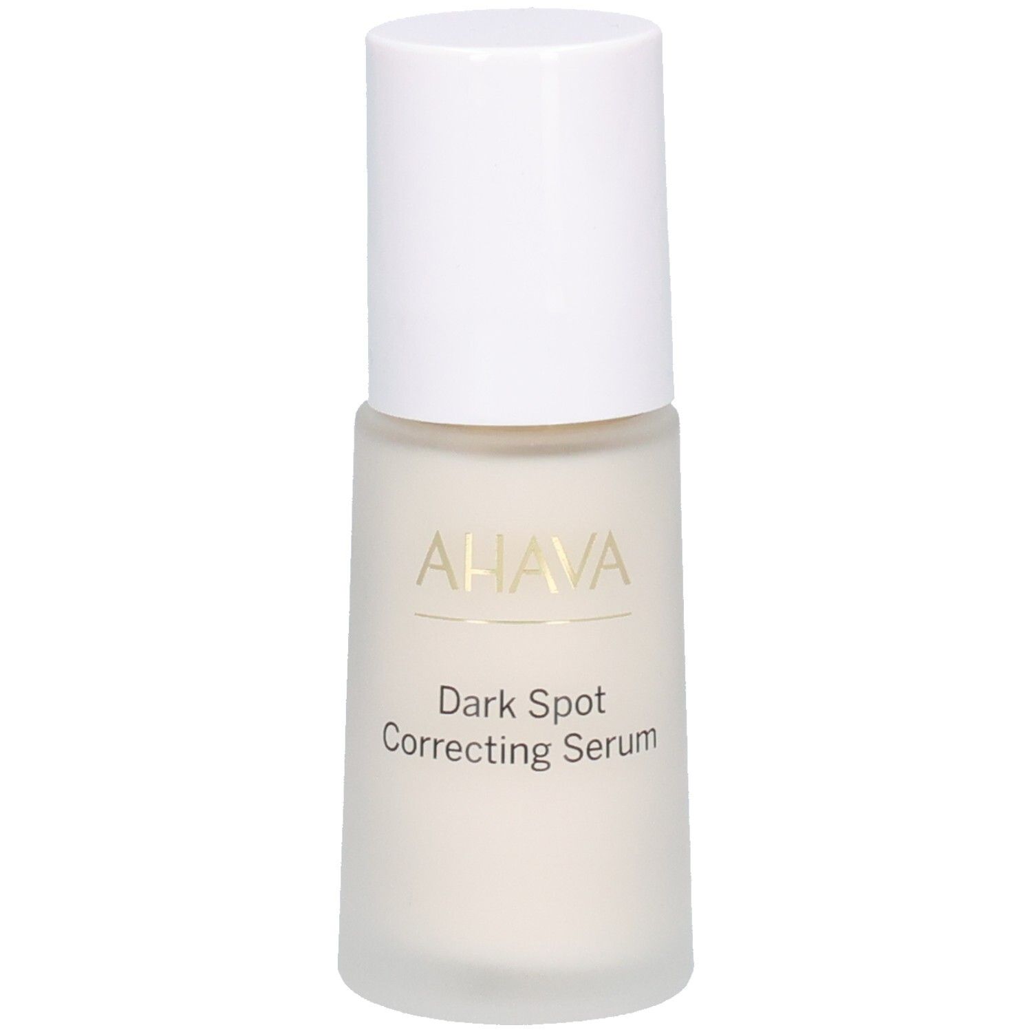 AHAVA Dark Spot Correcting Serum. Witte fles met witte dop. Gouden belettering. Opschrift: Dark Spot Correcting Serum.