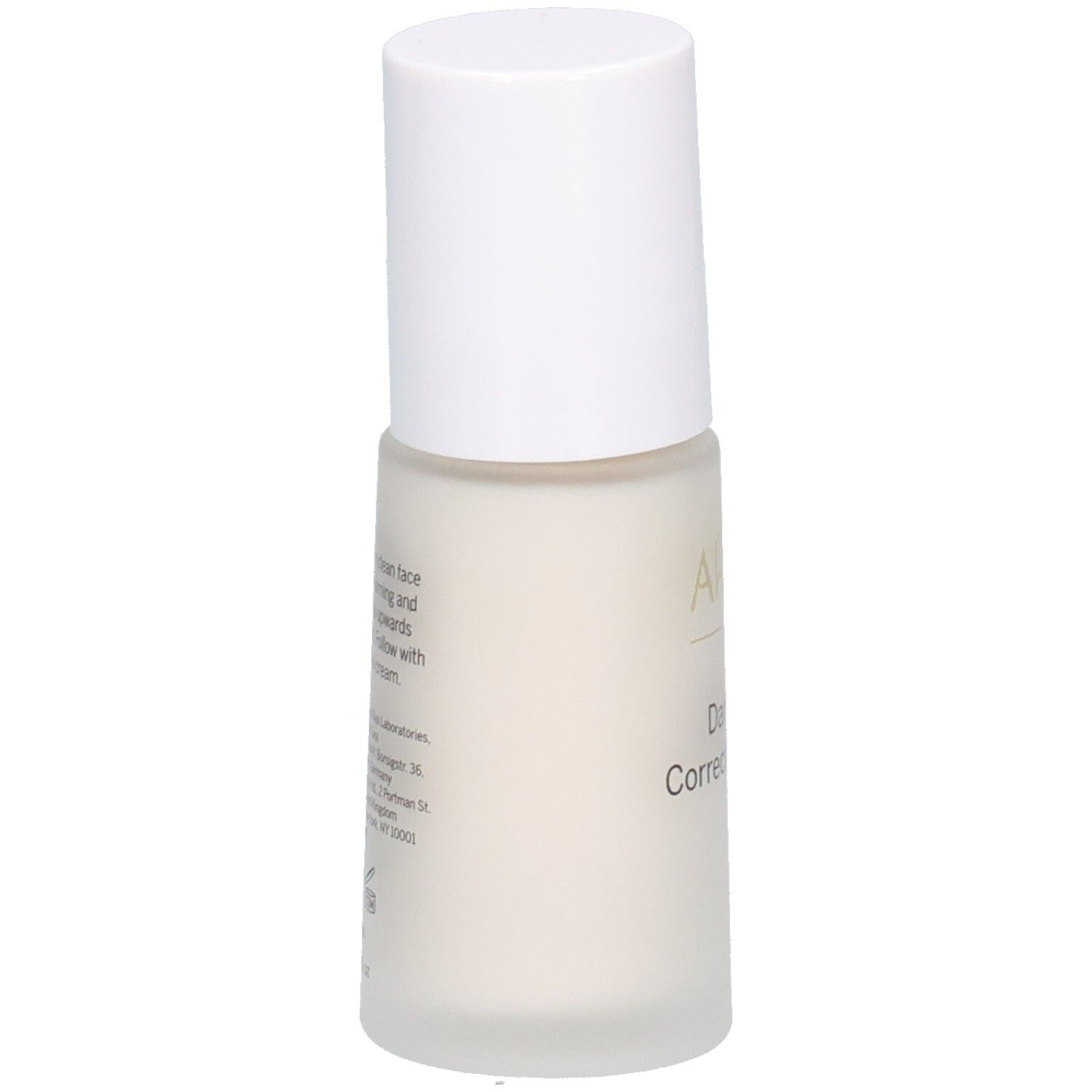 AHAVA Dark Spot Correcting Serum. Witte fles met witte dop. Tekst op de achterkant. Productinformatie en fabrikantgegevens.