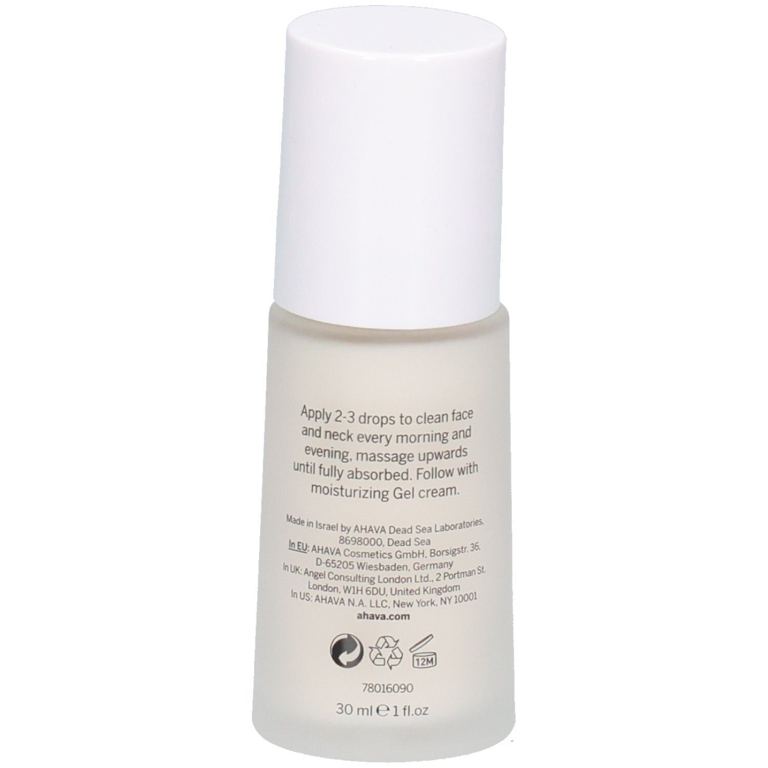 AHAVA Dark Spot Correcting Serum. Witte fles met witte dop. Achterkant met tekst. Gebruiksaanwijzing en fabrikantgegevens.