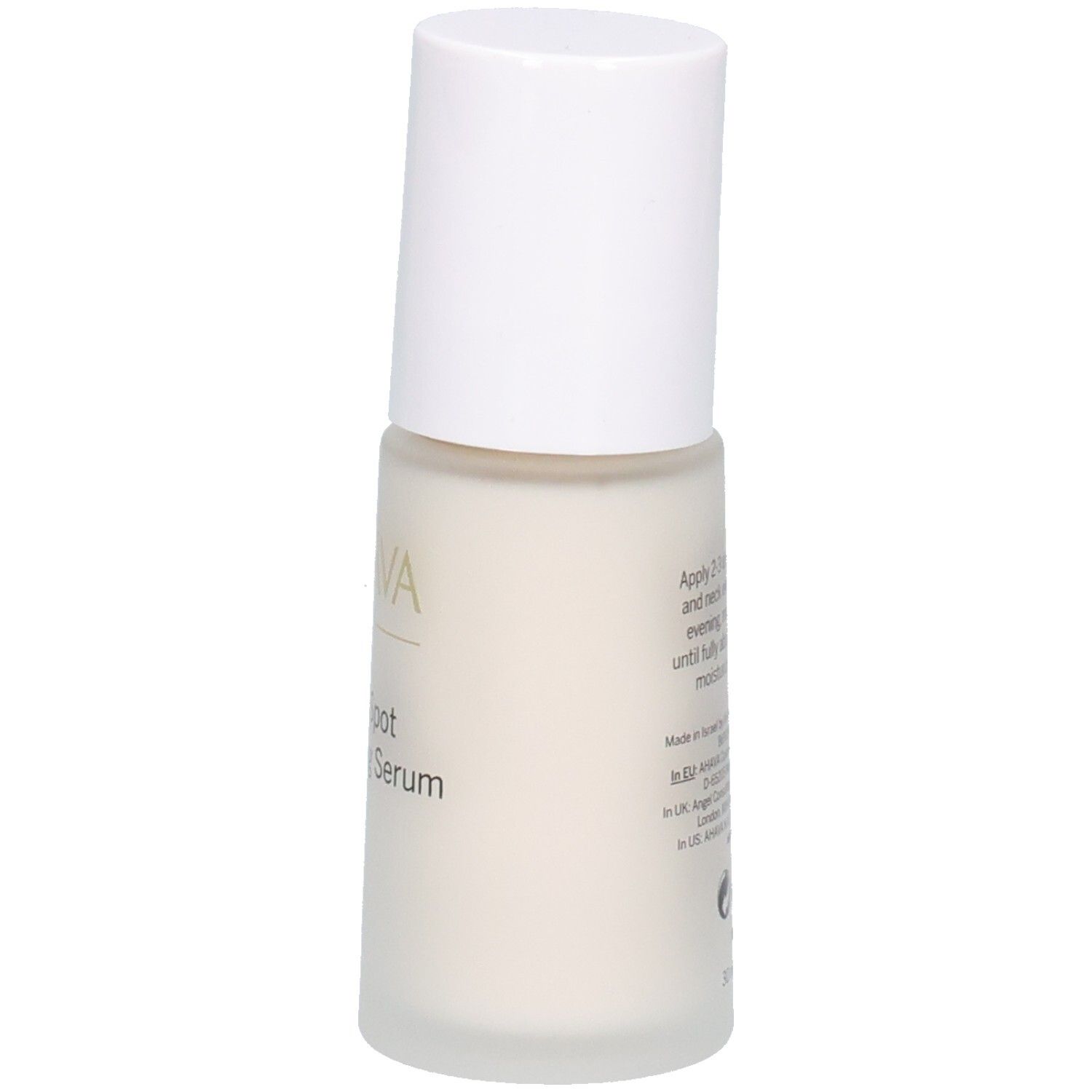 AHAVA Dark Spot Correcting Serum. Witte fles met witte dop. Achterkant met tekst. Gebruiksaanwijzing en fabrikantgegevens.