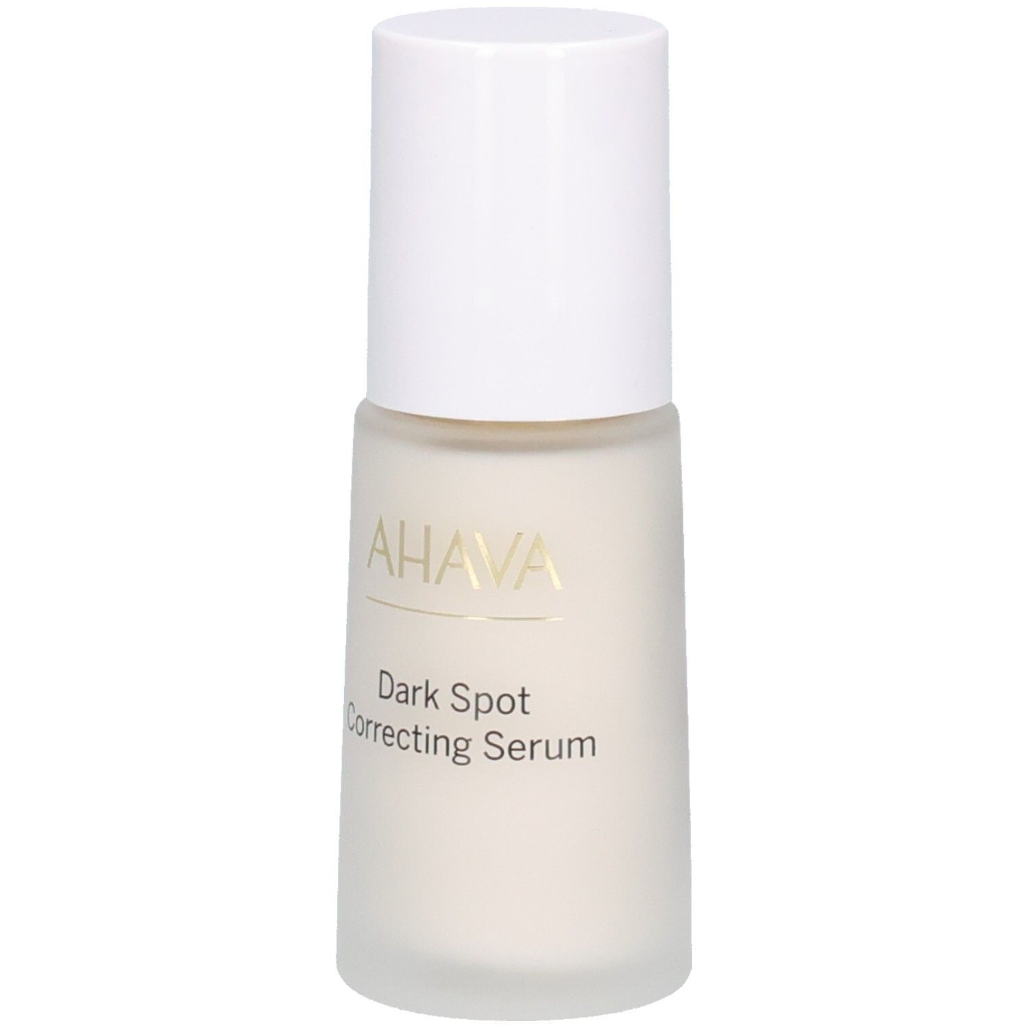 AHAVA Dark Spot Correcting Serum. Witte fles met witte dop. Gouden belettering. Opschrift: Dark Spot Correcting Serum.